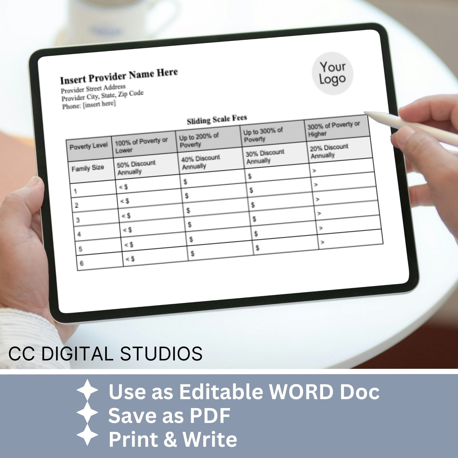 Simplify your pricing processes while maintaining professionalism and clarity with our editable WORD Doc service fees and sliding fees template for mental health clinicians.  Therapist Office, psychology, therapy forms, therapy notes