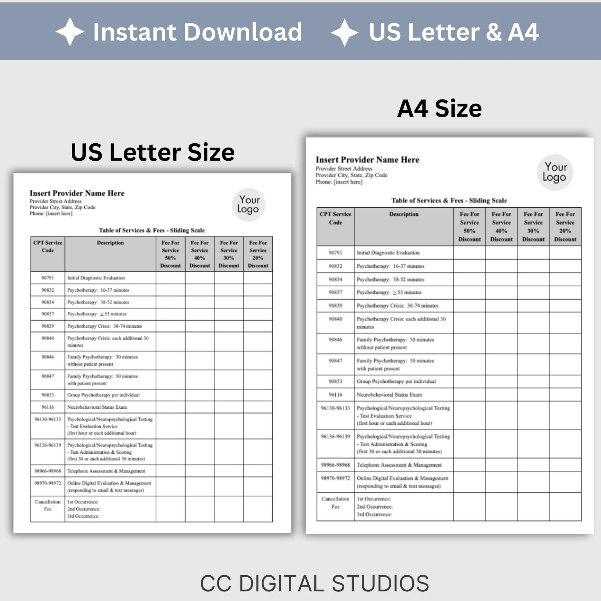 Simplify your pricing processes while maintaining professionalism and clarity with our editable WORD Doc service fees and sliding fees template for mental health clinicians.  Therapist Office, psychology, therapy forms, therapy notes