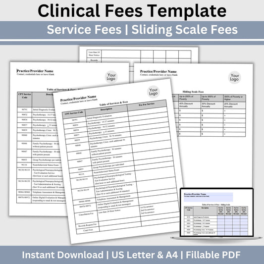 Simplify your pricing processes while maintaining professionalism and clarity with our fillable PDF service fees and sliding fees template for mental health clinicians.  Therapist Office, psychology, therapy forms, therapy notes