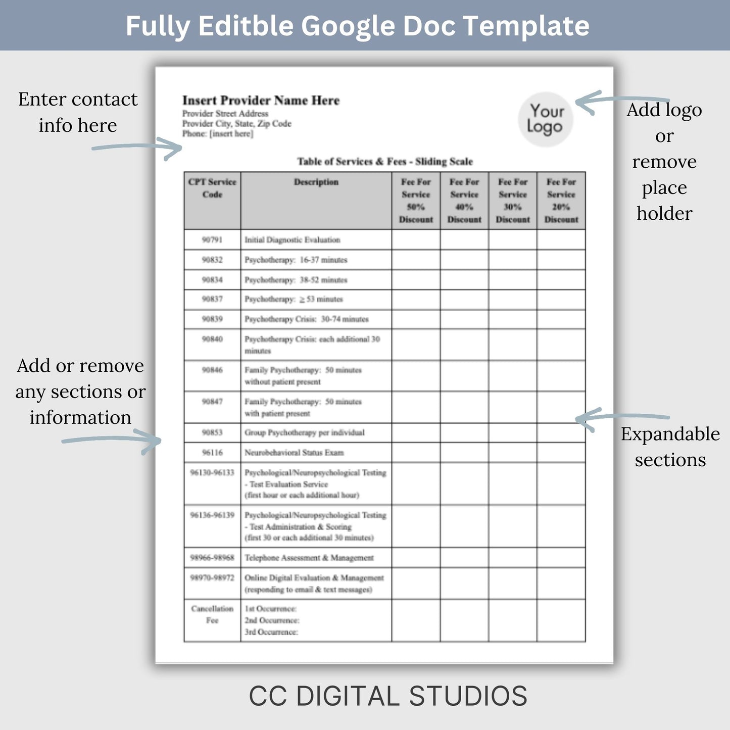 Simplify your pricing processes while maintaining professionalism and clarity with our editable Google Doc service fees and sliding fees template for mental health clinicians. Therapist Office, psychology, therapy forms, therapy notes