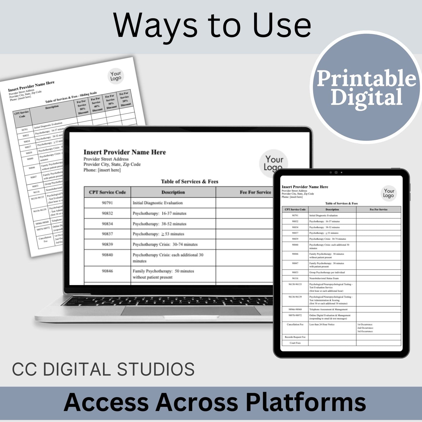 Simplify your pricing processes while maintaining professionalism and clarity with our editable Google Doc service fees and sliding fees template for mental health clinicians. Therapist Office, psychology, therapy forms, therapy notes