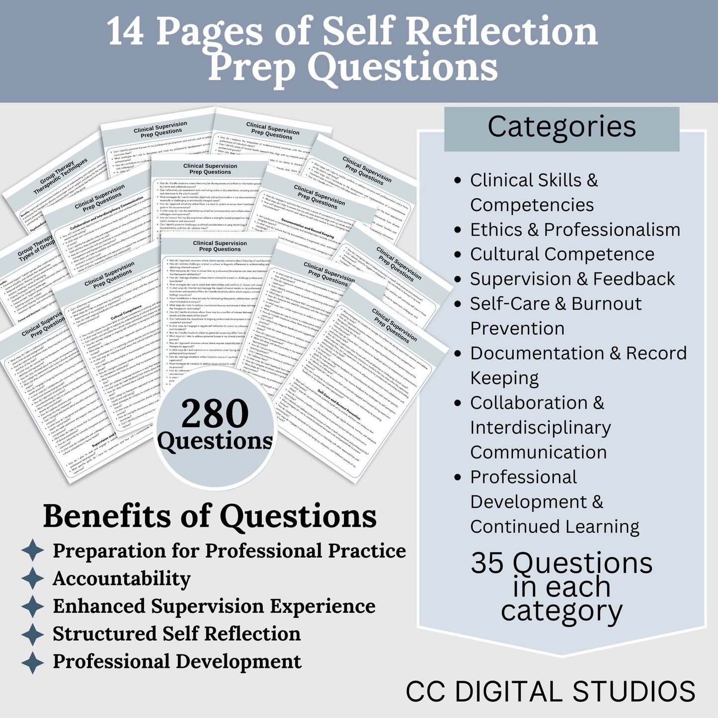 Elevate your counseling practicum or internship experience with our toolkit featuring Google Doc hours logs, supervision forms, supervision notes therapy templates. 280 self-reflections questions to ensure internship preparedness