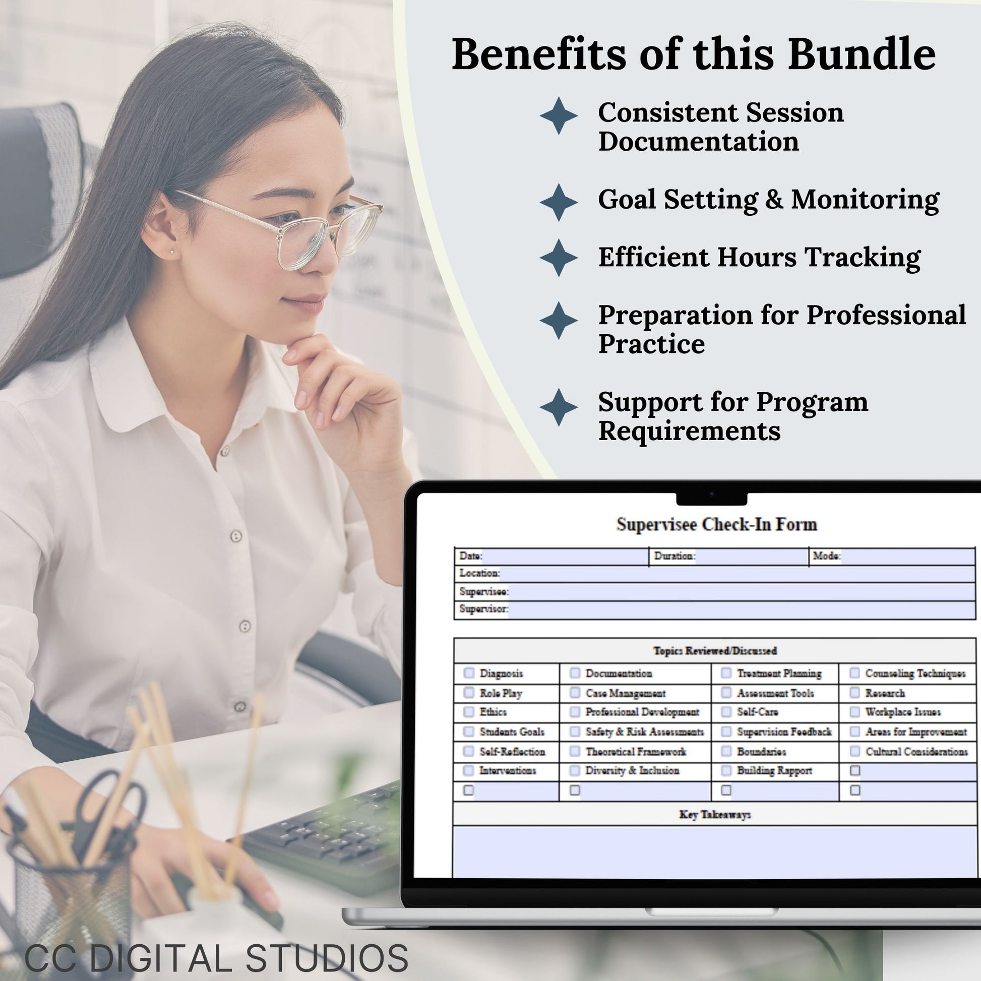 Elevate your counseling practicum or internship experience with our toolkit featuring Google Doc hours logs, supervision forms, supervision notes therapy templates. 280 self-reflections questions to ensure internship preparedness