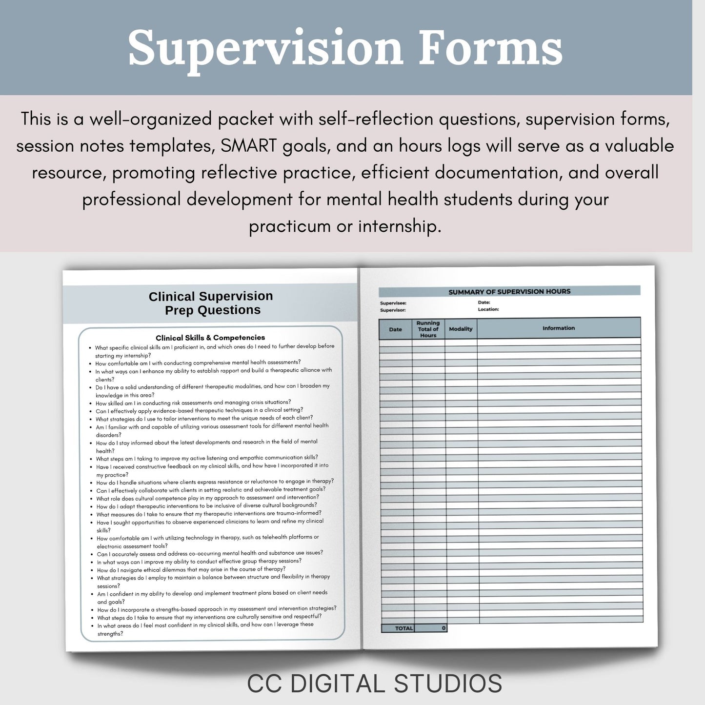 Elevate your counseling practicum or internship experience with our toolkit featuring Google Doc hours logs, supervision forms, supervision notes therapy templates. 280 self-reflections questions to ensure internship preparedness