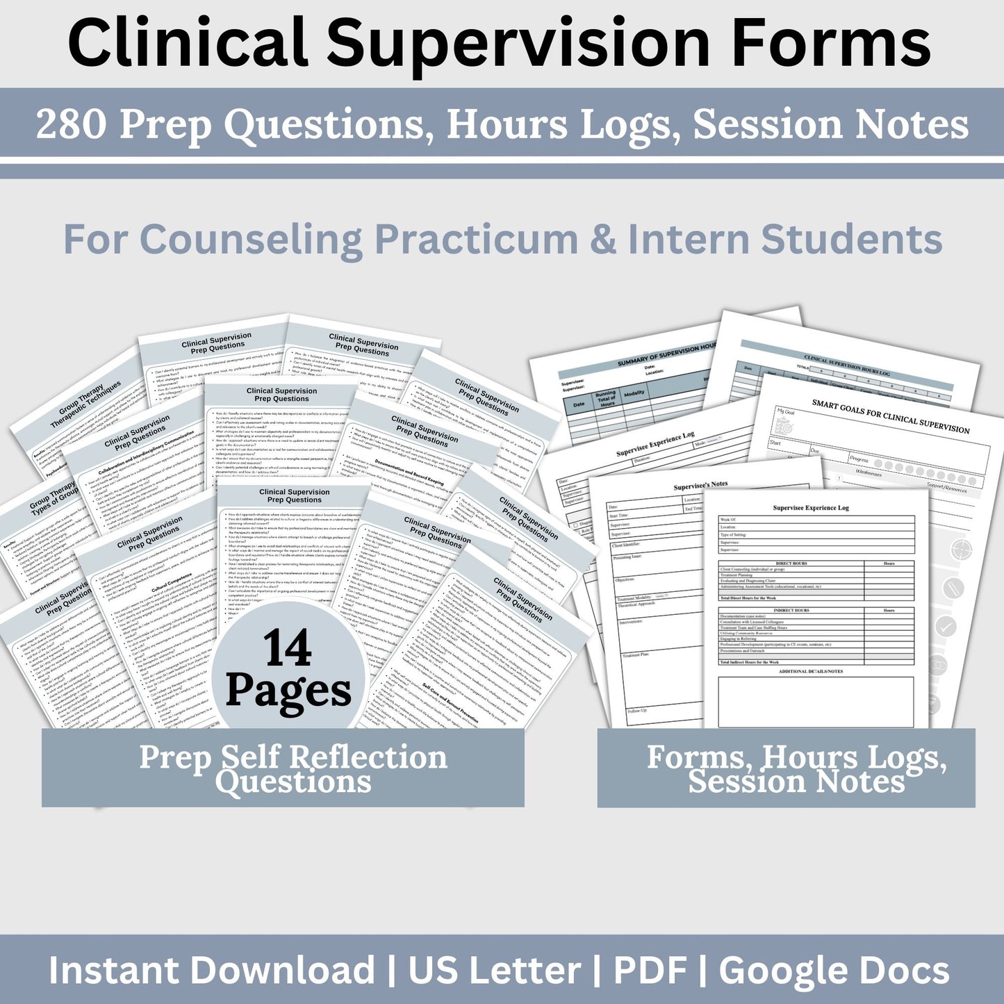 Elevate your counseling practicum or internship experience with our toolkit featuring Google Doc hours logs, supervision forms, supervision notes therapy templates. 280 self-reflections questions to ensure internship preparedness