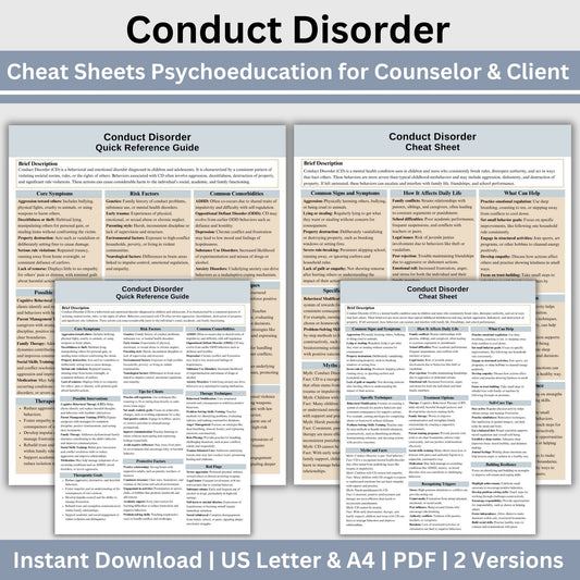 This 2-in-1 Conduct Disorder Cheat Sheet is designed for both therapists and clients! It includes a therapist's quick reference guide and a client-friendly psychoeducational sheet, making it a valuable Conduct Disorder therapy tool.