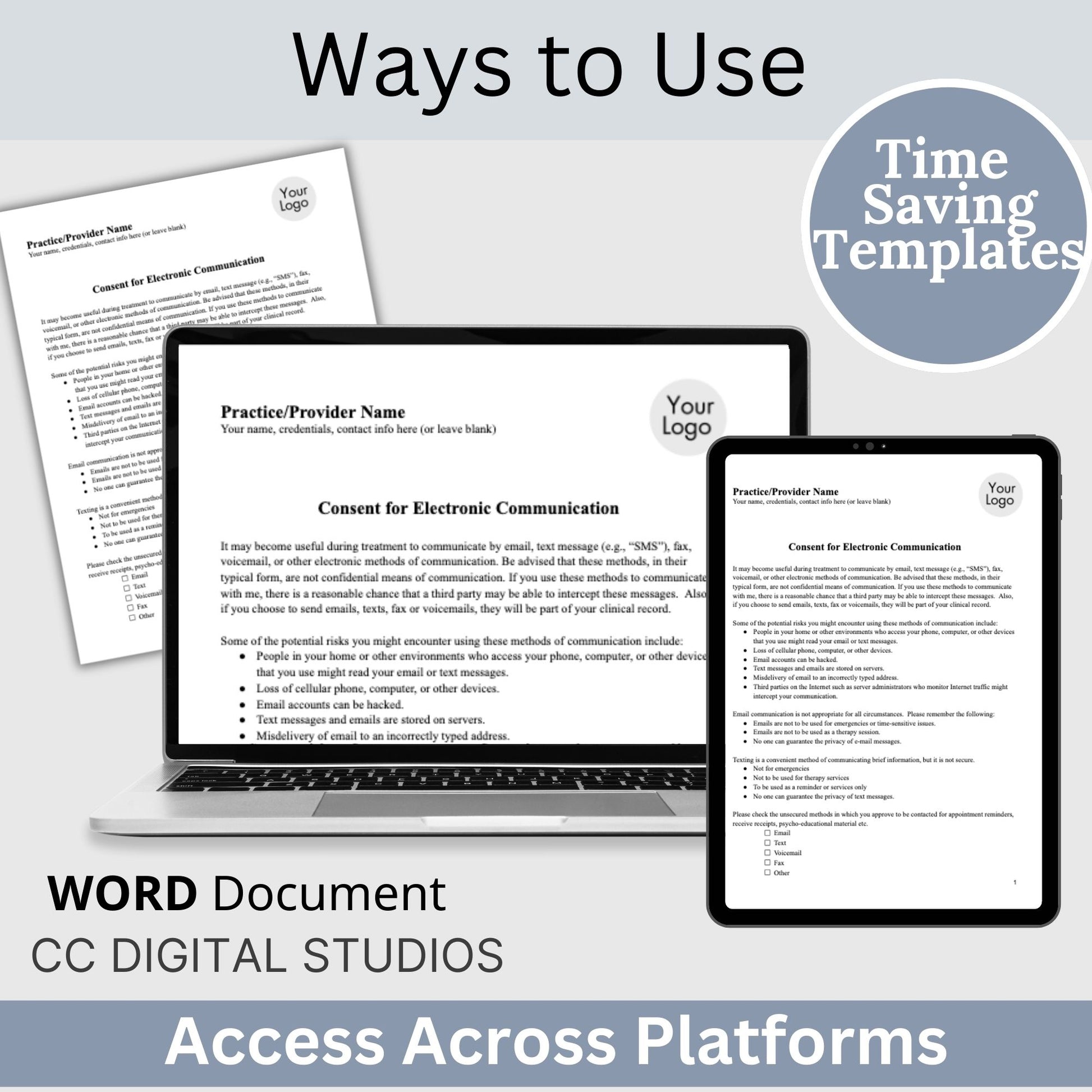 Consent for Electronic Communication for psychology private practice. &nbsp;Say to use WORD document to streamline your therapist office with professional forms. &nbsp;