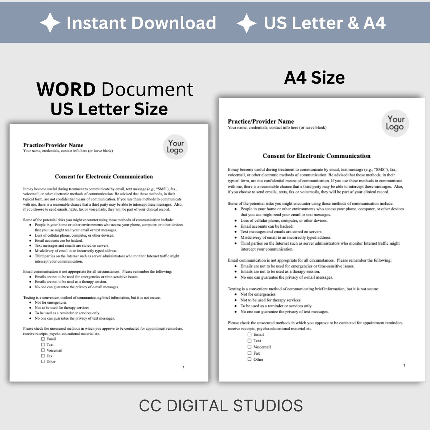 Consent for Electronic Communication for psychology private practice. &nbsp;Say to use WORD document to streamline your therapist office with professional forms. &nbsp;