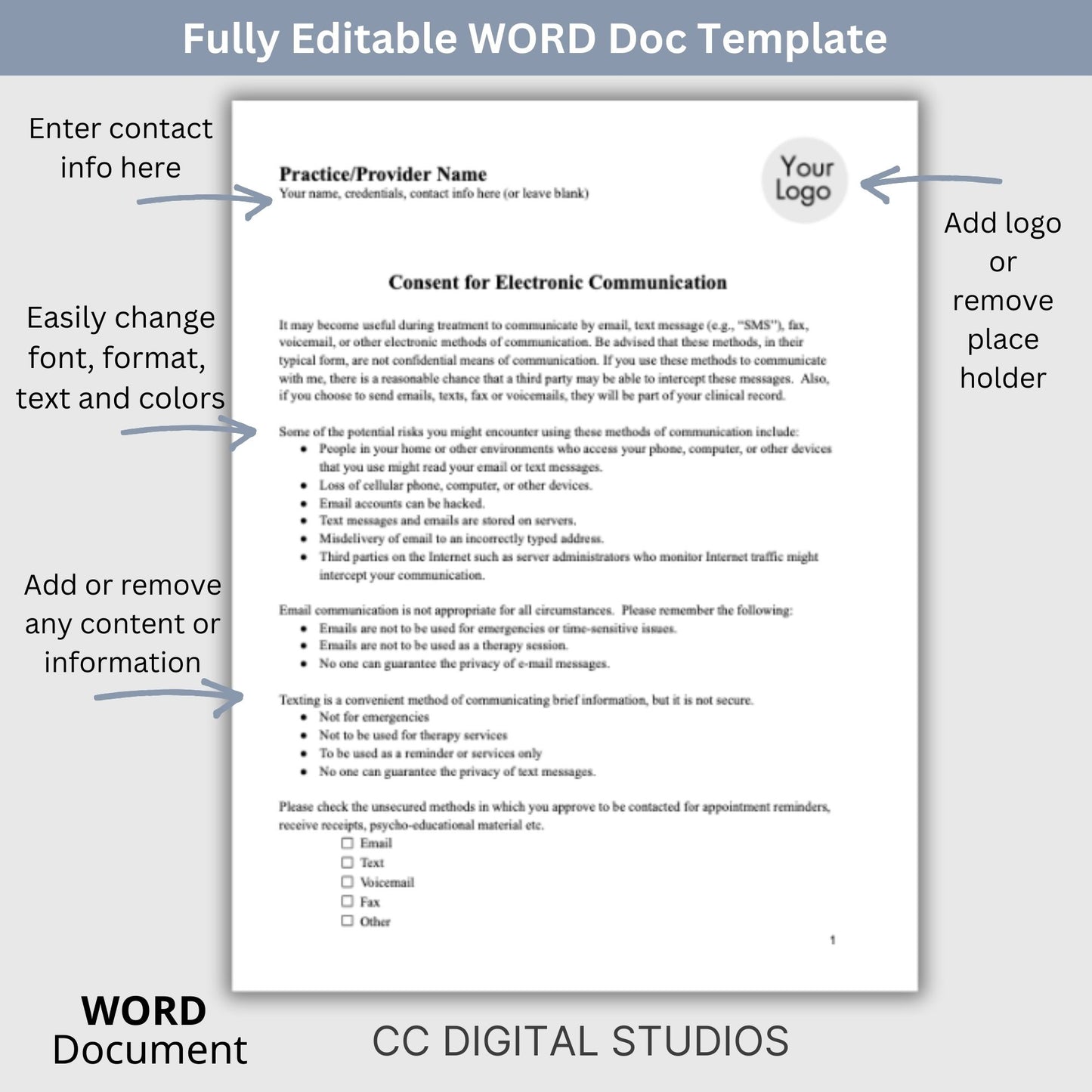 Consent for Electronic Communication for psychology private practice. &nbsp;Say to use WORD document to streamline your therapist office with professional forms. &nbsp;