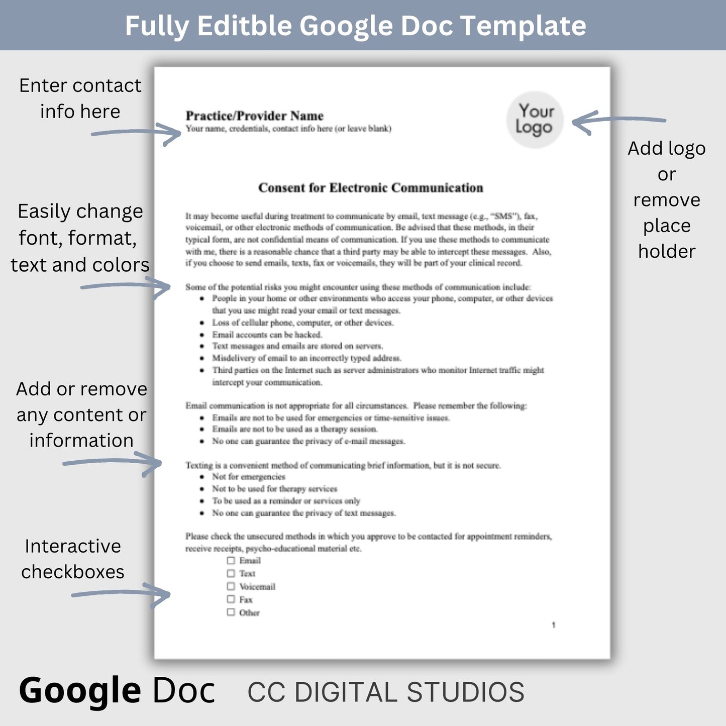 Streamline your client onboarding process with our Consent for Electronic Authorization, Google Doc for mental health professionals. Easily customize the template to fit your practice's unique needs