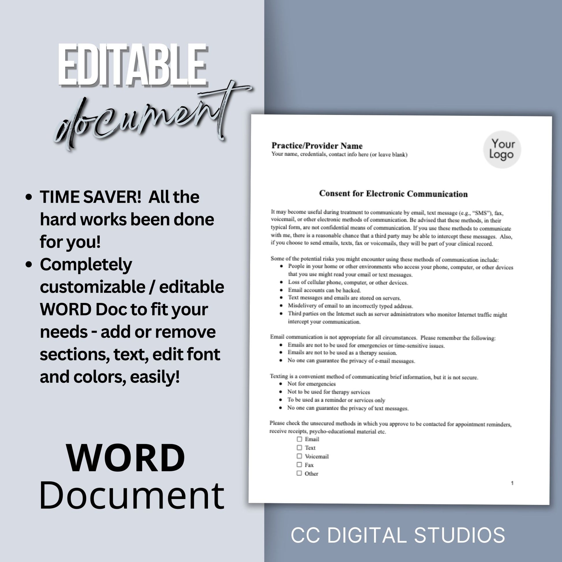 Consent for Electronic Communication for psychology private practice. &nbsp;Say to use WORD document to streamline your therapist office with professional forms. &nbsp;