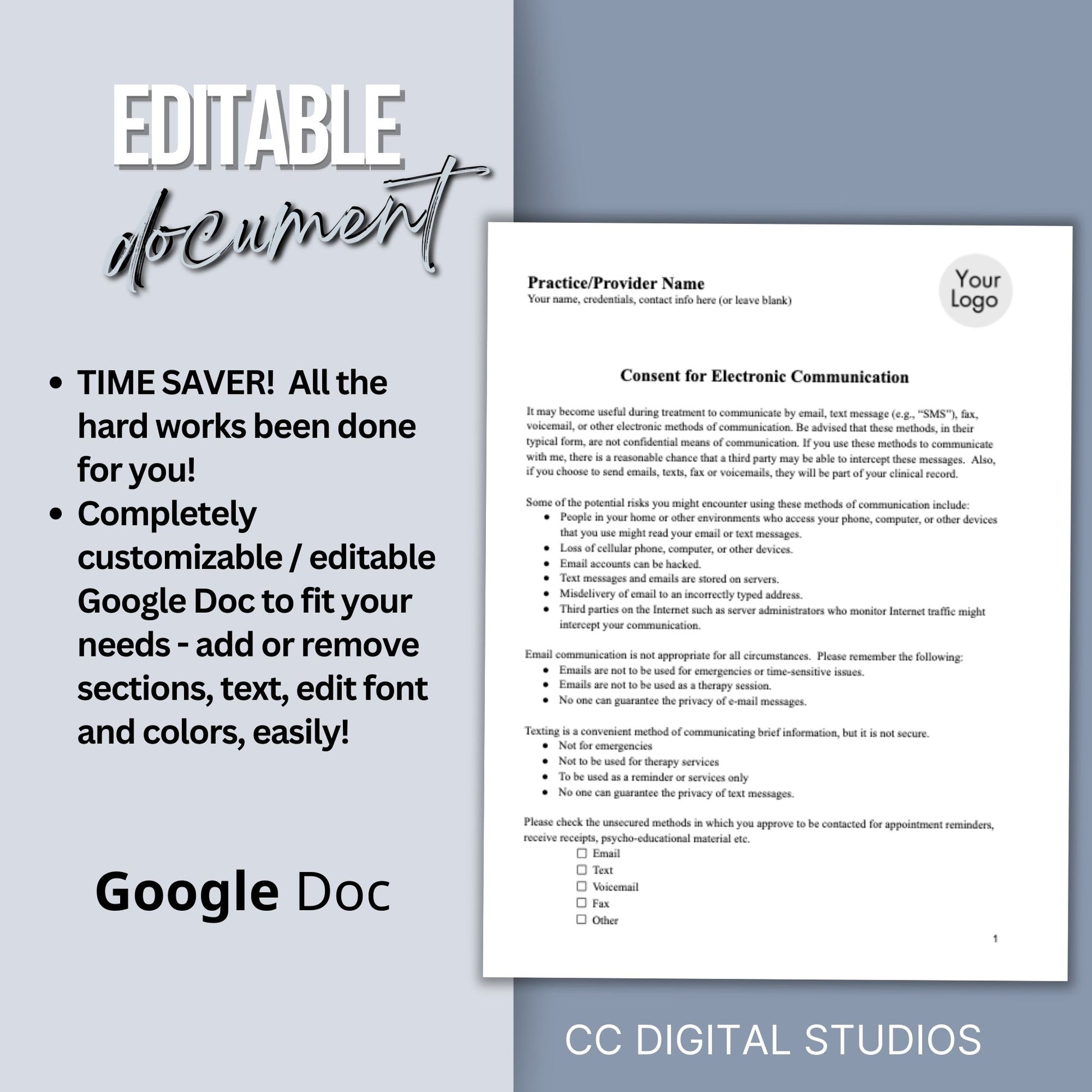 Streamline your client onboarding process with our Consent for Electronic Authorization, Google Doc for mental health professionals. Easily customize the template to fit your practice's unique needs