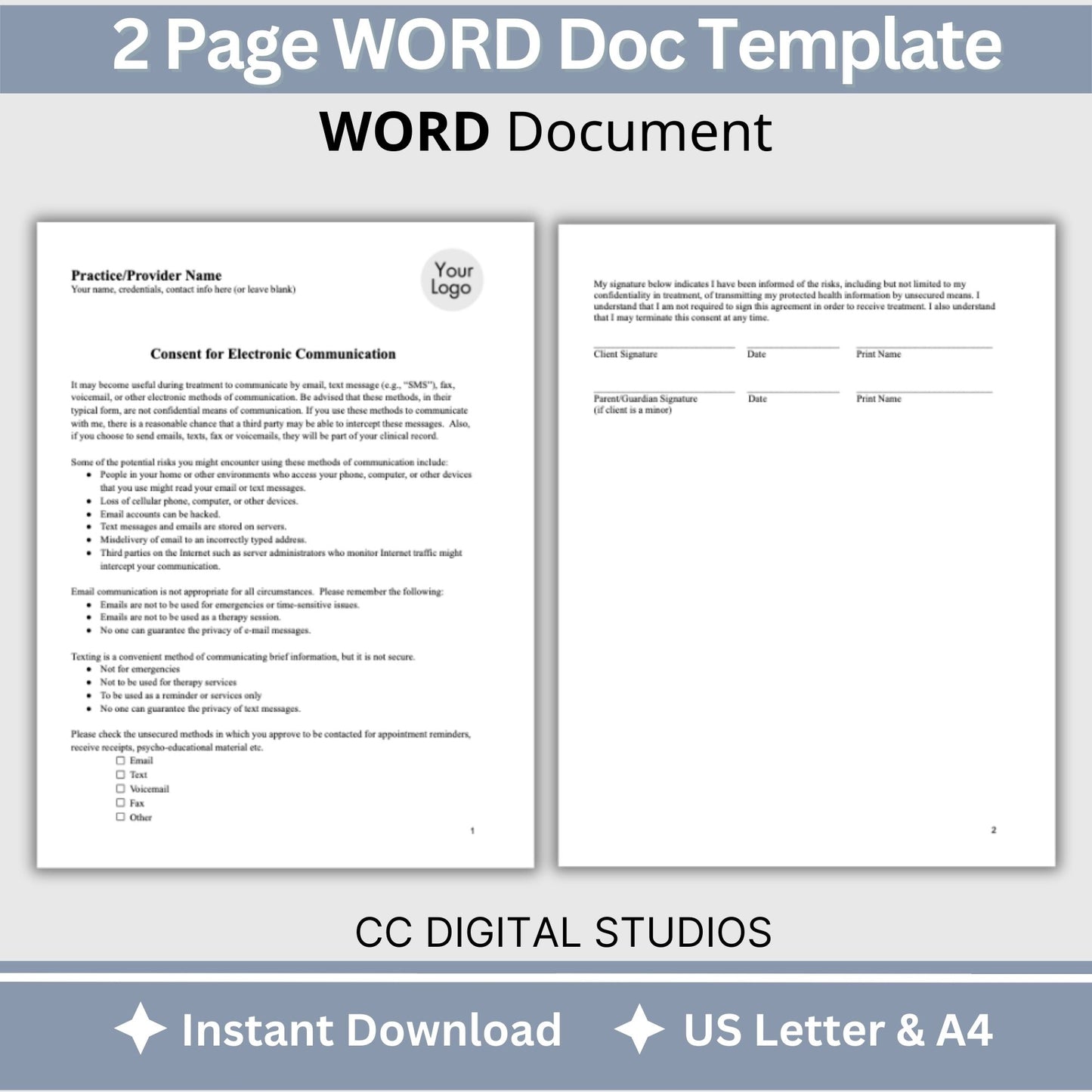 Consent for Electronic Communication for psychology private practice. &nbsp;Say to use WORD document to streamline your therapist office with professional forms. &nbsp;