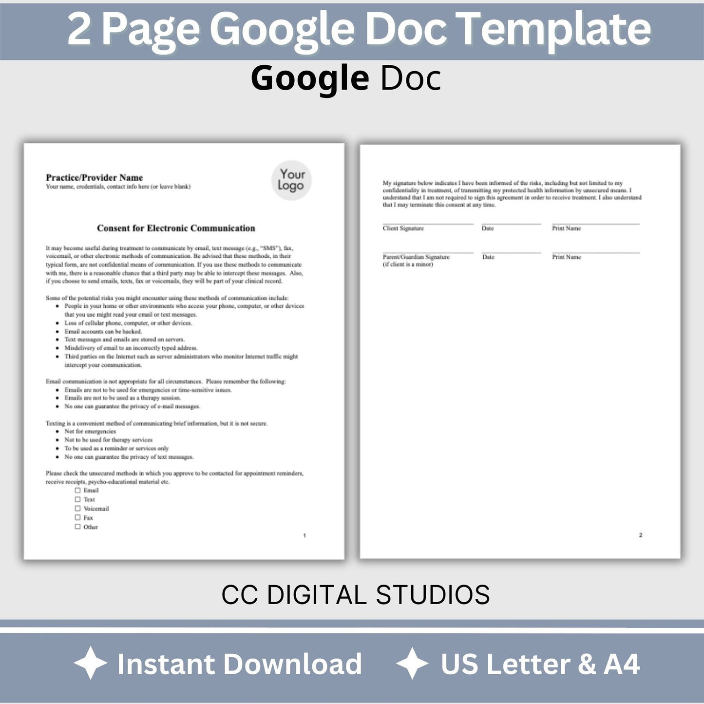 Streamline your client onboarding process with our Consent for Electronic Authorization, Google Doc for mental health professionals. Easily customize the template to fit your practice's unique needs