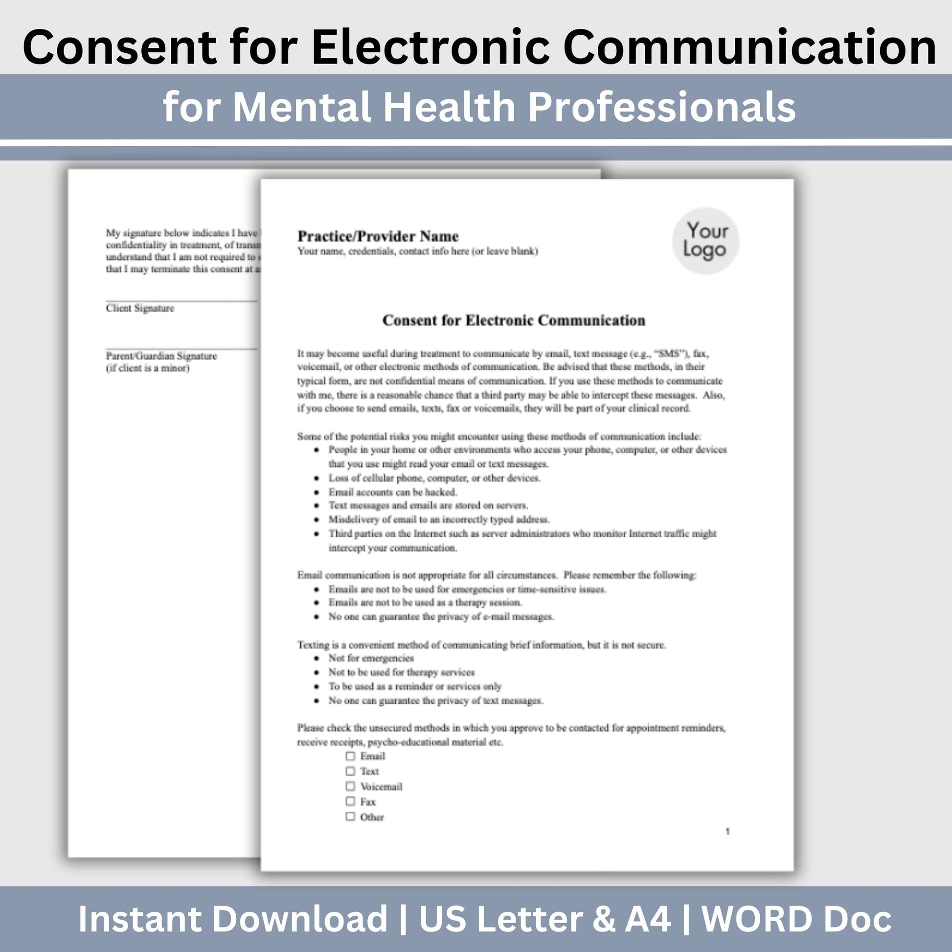 Consent for Electronic Communication for psychology private practice. &nbsp;Say to use WORD document to streamline your therapist office with professional forms. &nbsp;