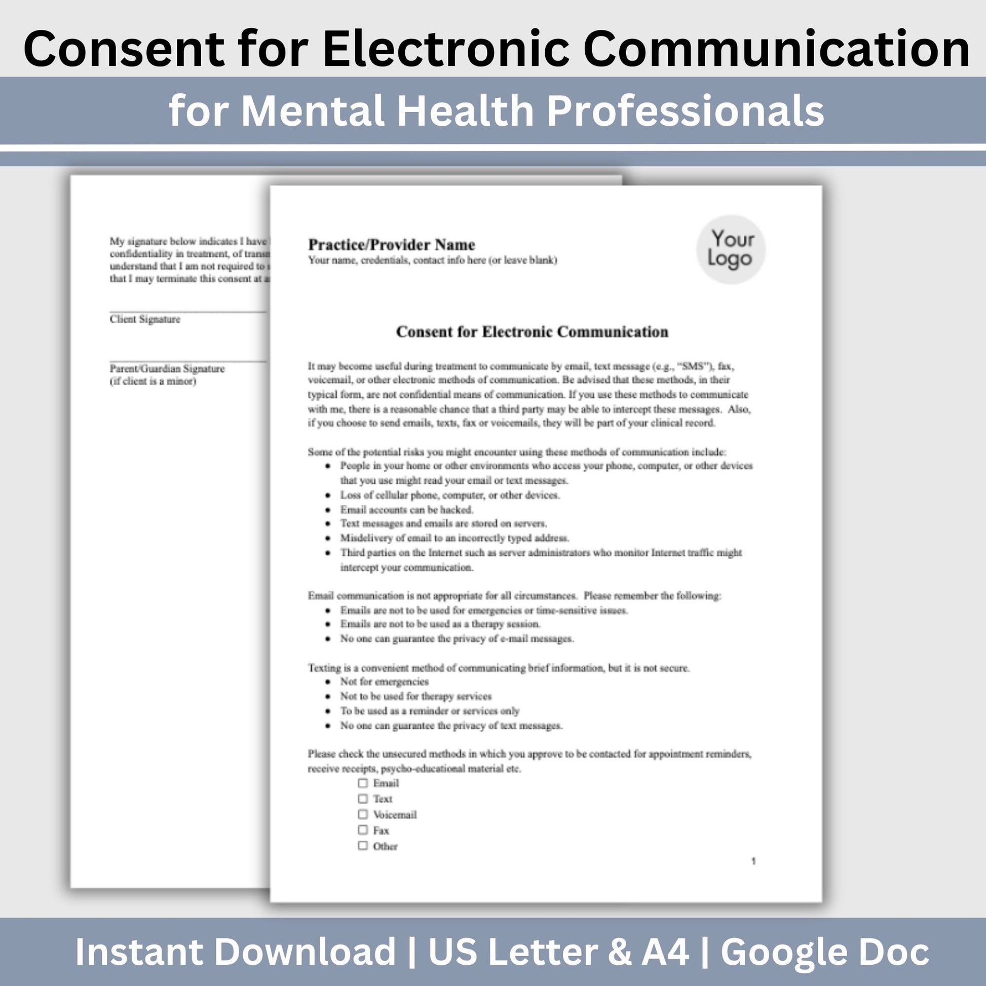 Streamline your client onboarding process with our Consent for Electronic Authorization, Google Doc for mental health professionals. Easily customize the template to fit your practice's unique needs