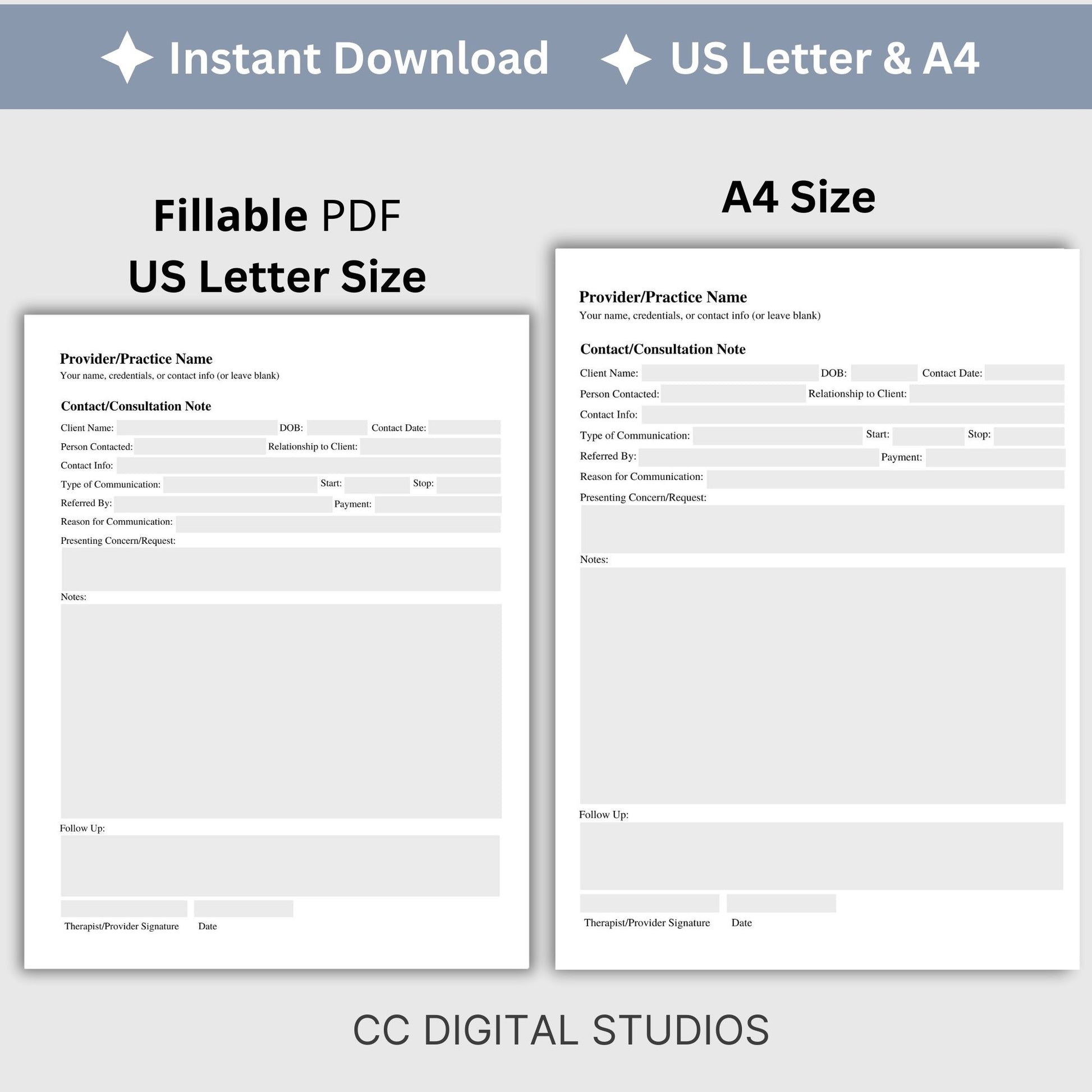 Client contact and consultation note for clinicians. Keep track of contact related to you clients with this fillable PDF form. Editable drop down menus and date calendar to make your note taking quick and easy.