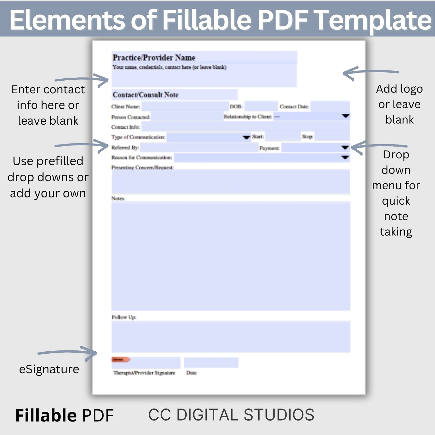 Client contact and consultation note for clinicians. Keep track of contact related to you clients with this fillable PDF form. Editable drop down menus and date calendar to make your note taking quick and easy.