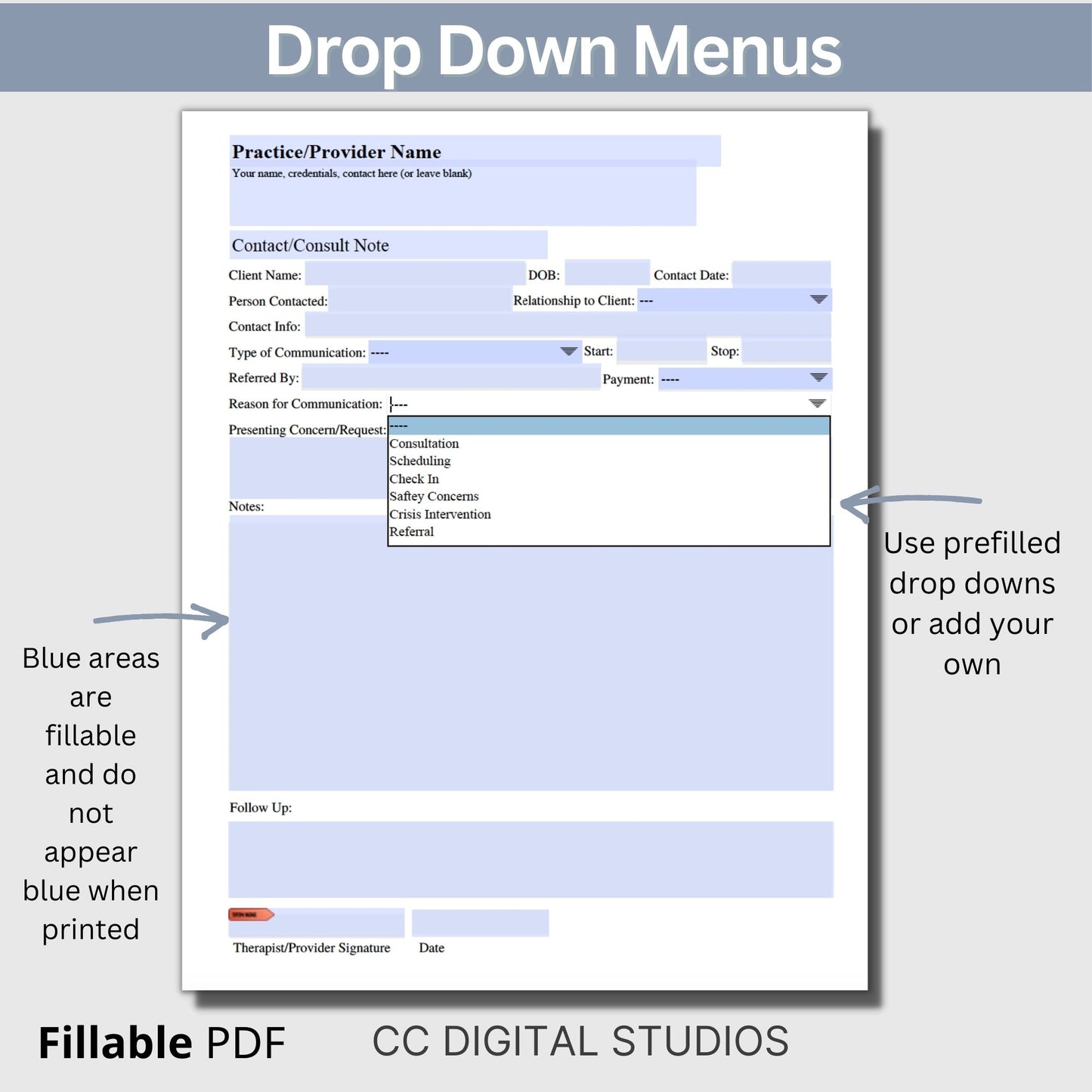 Client contact and consultation note for clinicians. Keep track of contact related to you clients with this fillable PDF form. Editable drop down menus and date calendar to make your note taking quick and easy.