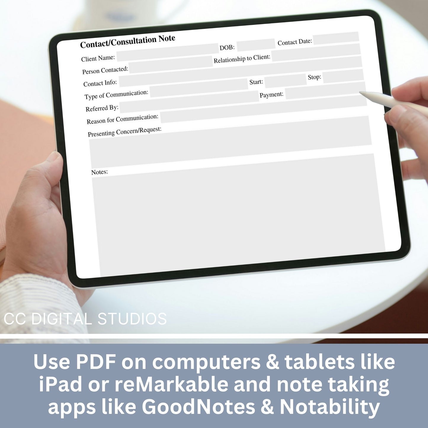 Client contact and consultation note for clinicians. Keep track of contact related to you clients with this fillable PDF form. Editable drop down menus and date calendar to make your note taking quick and easy.