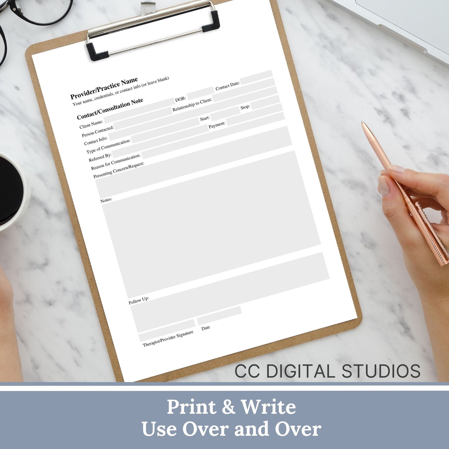 Client contact and consultation note for clinicians. Keep track of contact related to you clients with this fillable PDF form. Editable drop down menus and date calendar to make your note taking quick and easy.