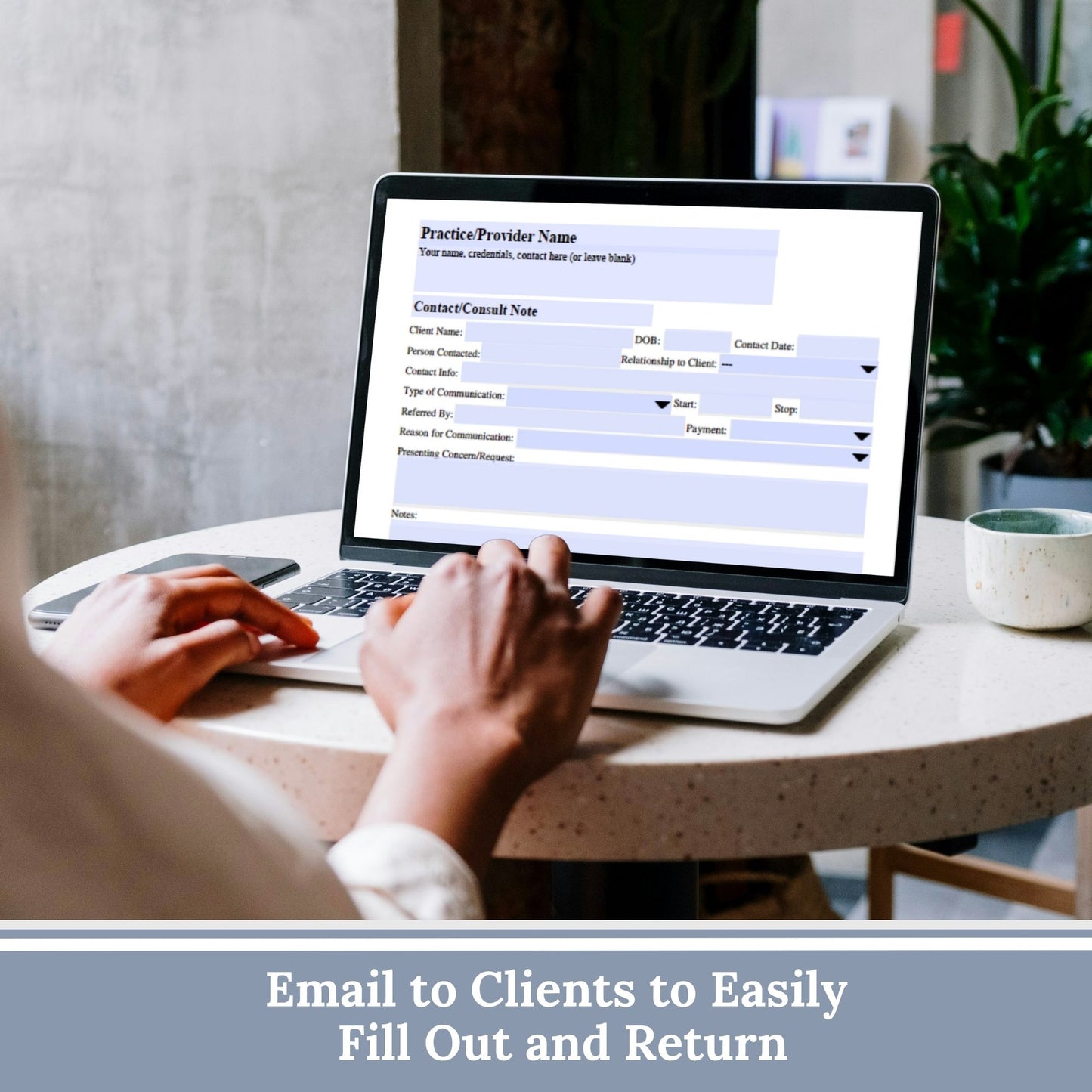 Client contact and consultation note for clinicians. Keep track of contact related to you clients with this fillable PDF form. Editable drop down menus and date calendar to make your note taking quick and easy.