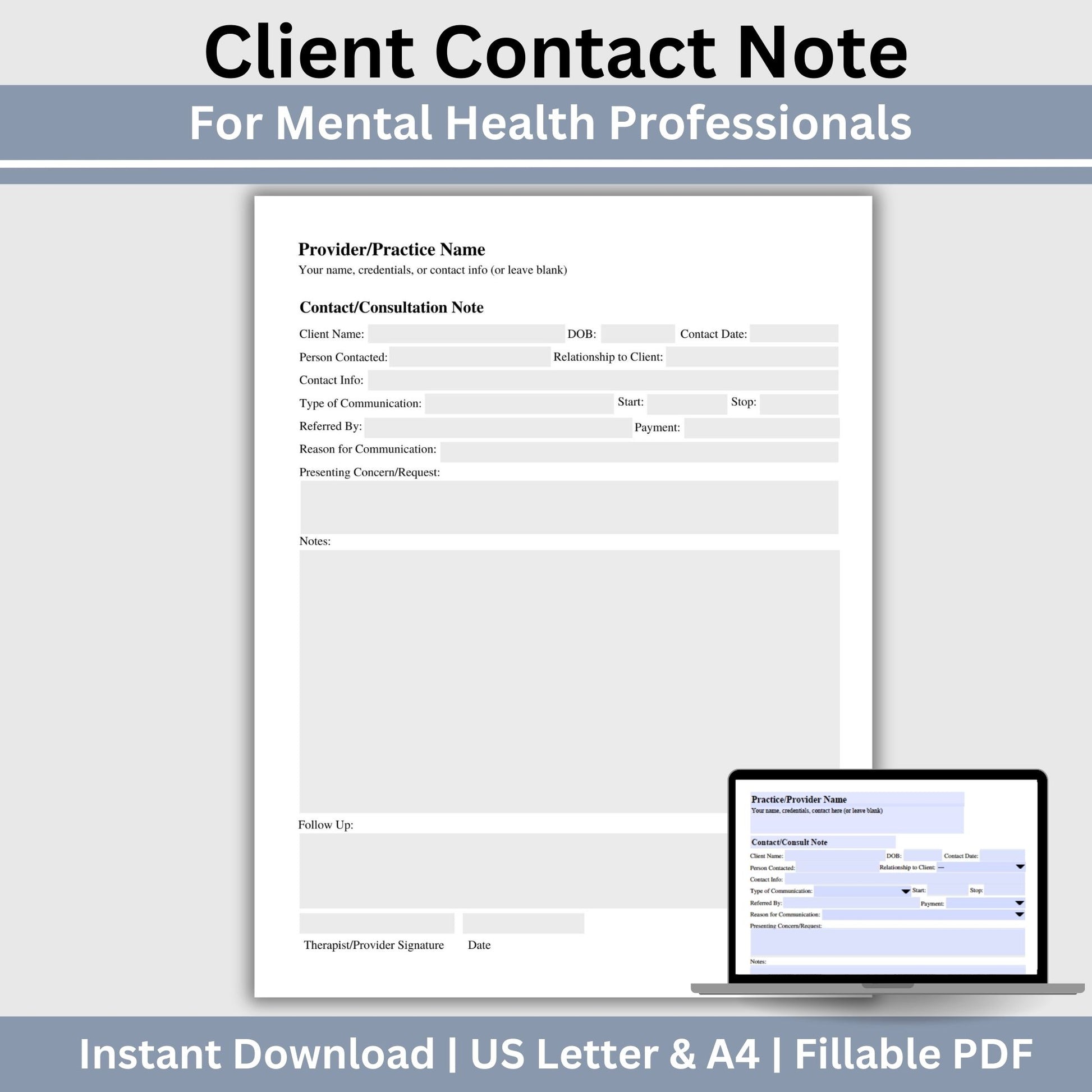 Client contact and consultation note for clinicians. Keep track of contact related to you clients with this fillable PDF form. Editable drop down menus and date calendar to make your note taking quick and easy.