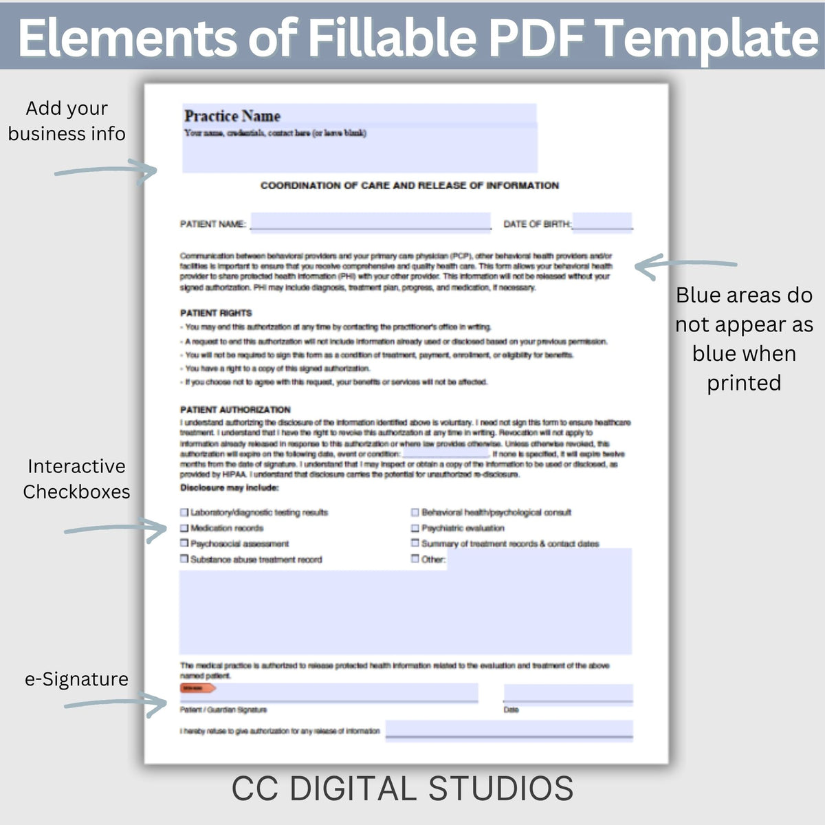Coordination of Care & Release of Information for Behavioral Health Practices, Fillable PDF