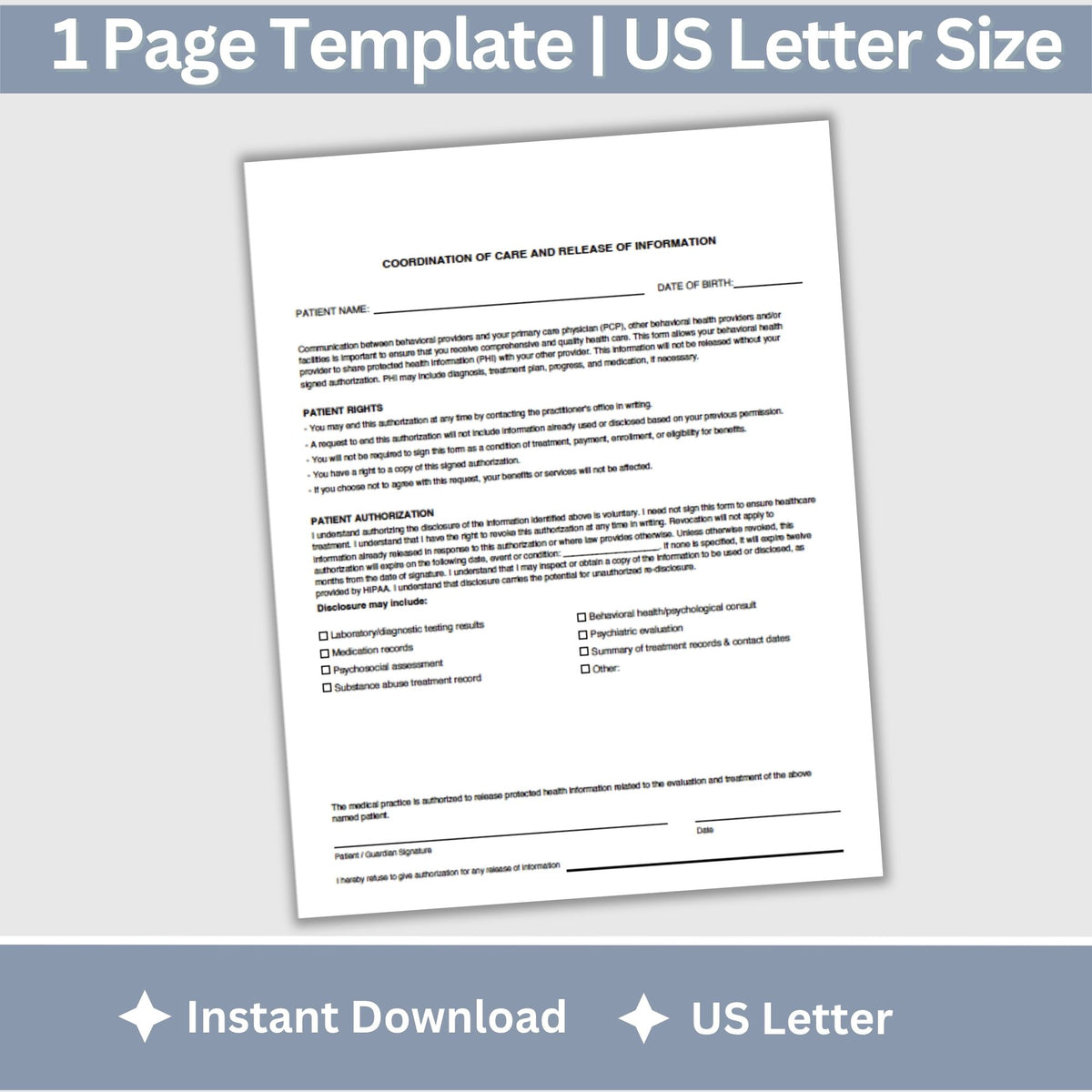 Coordination of Care & Release of Information for Behavioral Health Practices, Fillable PDF
