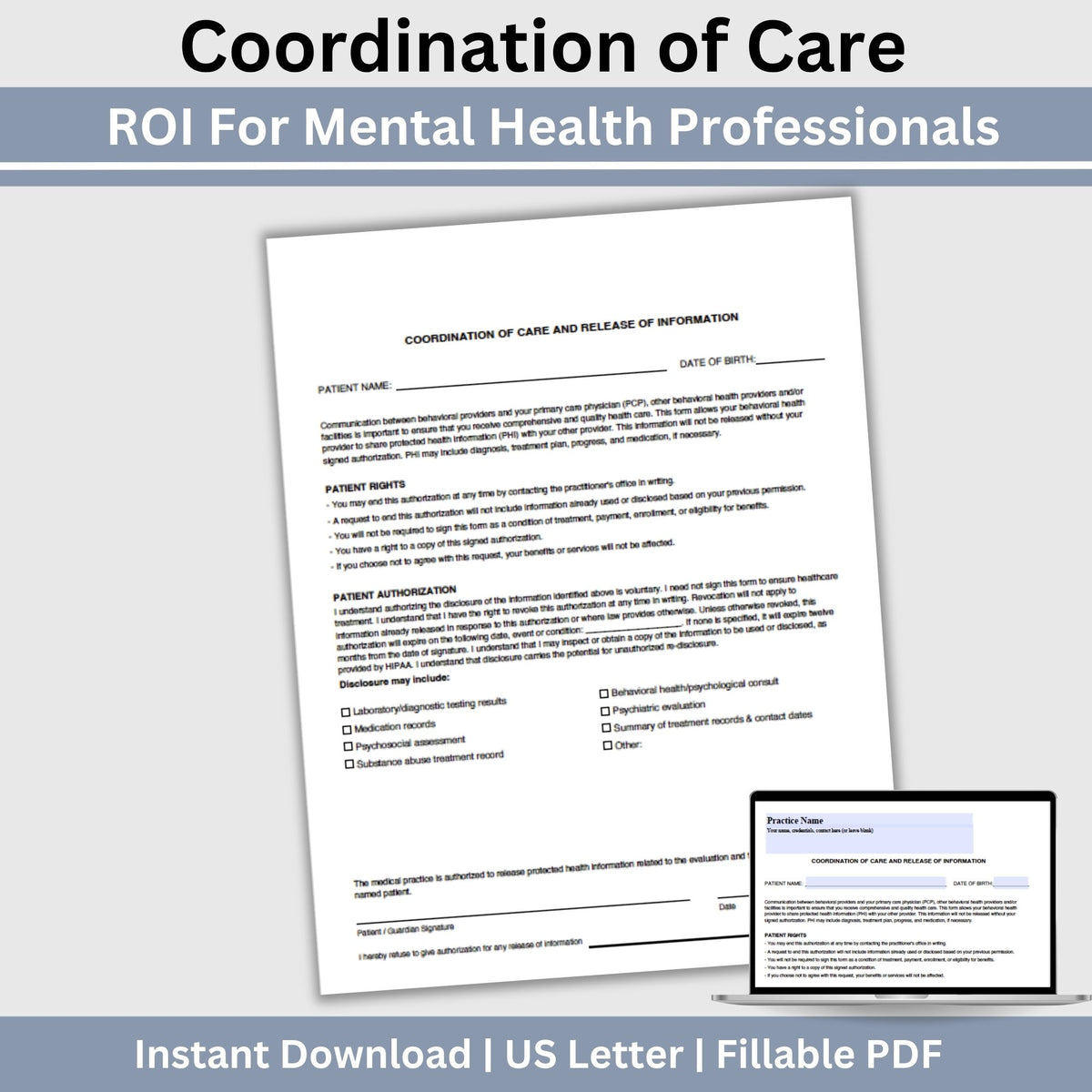 Coordination of Care & Release of Information for Behavioral Health Practices, Fillable PDF