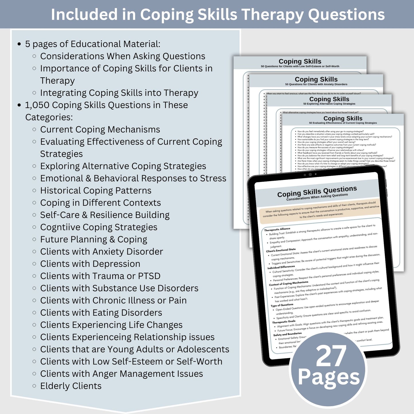 1,050 Coping Skills Therapy Questions. Perfect for mental health professionals, these questions cover a wide range of scenarios to help clients manage stress, anxiety, and emotional regulation.