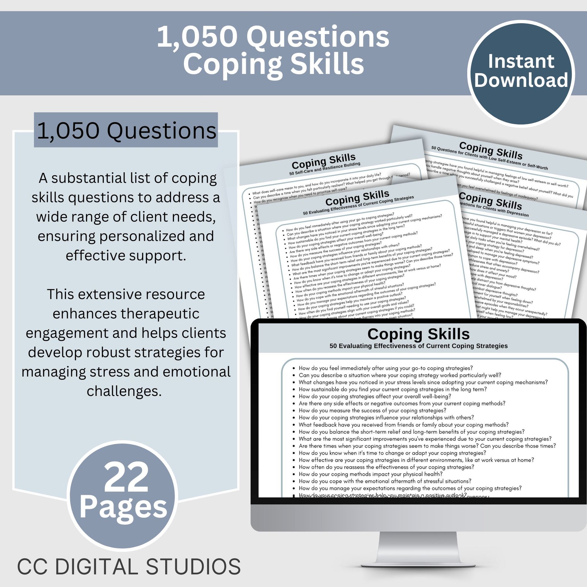 1,050 Coping Skills Therapy Questions. Perfect for mental health professionals, these questions cover a wide range of scenarios to help clients manage stress, anxiety, and emotional regulation.