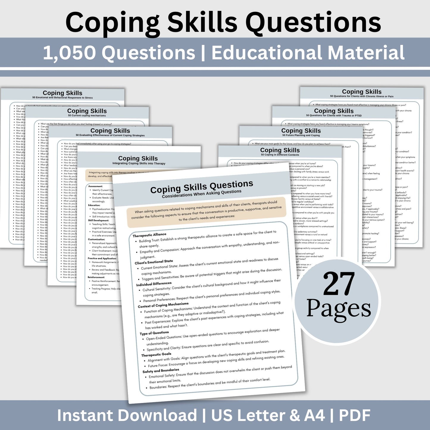 1,050 Coping Skills Therapy Questions. Perfect for mental health professionals, these questions cover a wide range of scenarios to help clients manage stress, anxiety, and emotional regulation.