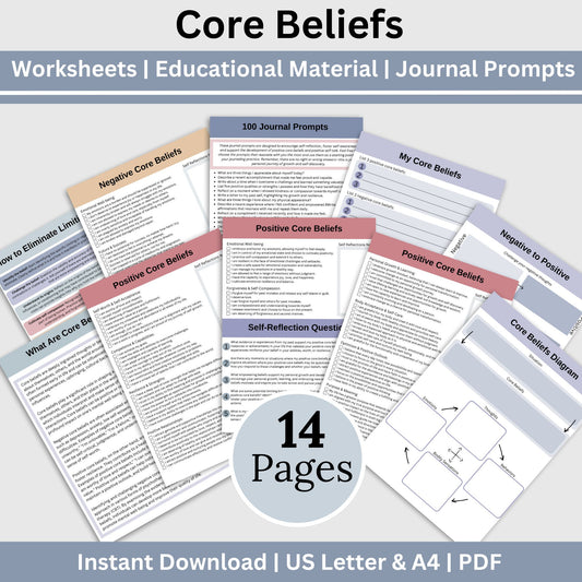 Our Core Values & Beliefs CBT worksheets can help you learn to control your emotions through positive thoughts. They are made to guide you in discovering what's really important to you, understanding your thoughts, and getting to know the real you.