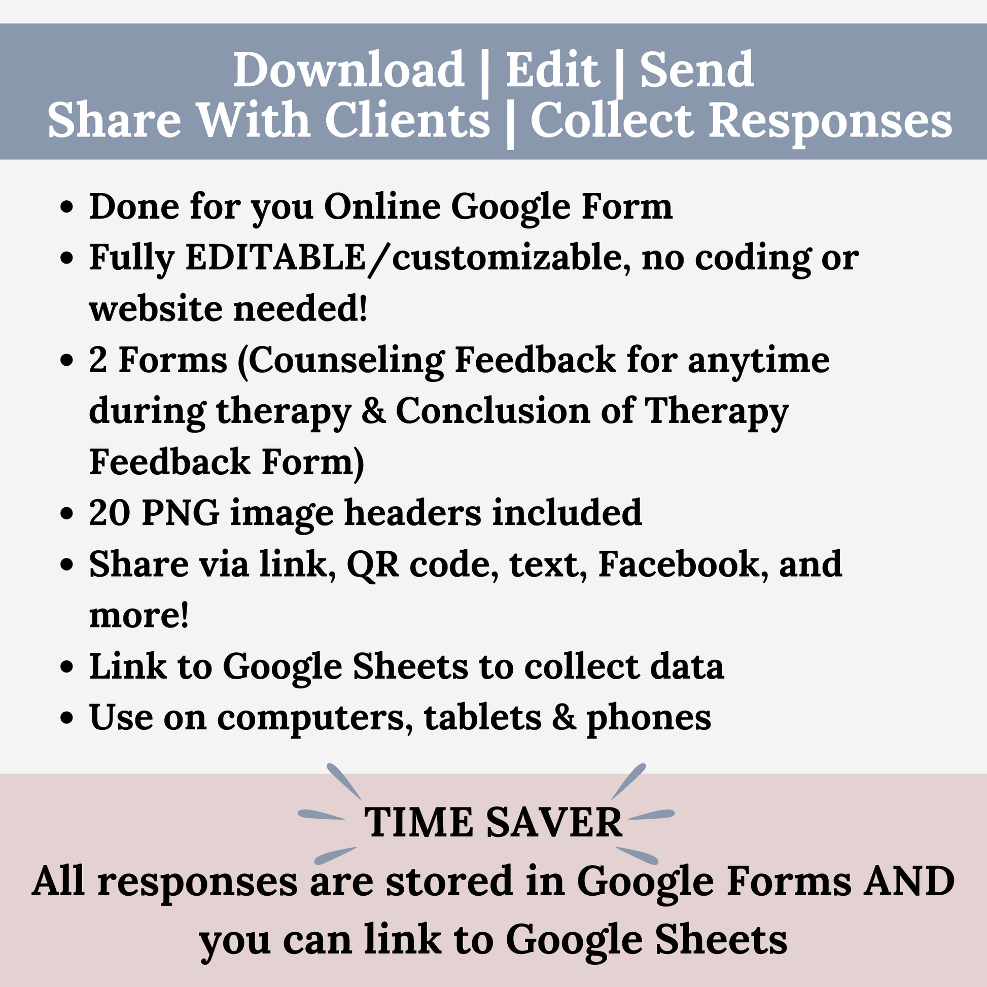 Counseling feedback forms in google forms documents.  Online questionnaire.  Fully Editable.  2 forms with 20 PNG headers that say Thank You For Your Feedback.  Use on computers, tablets and phones.