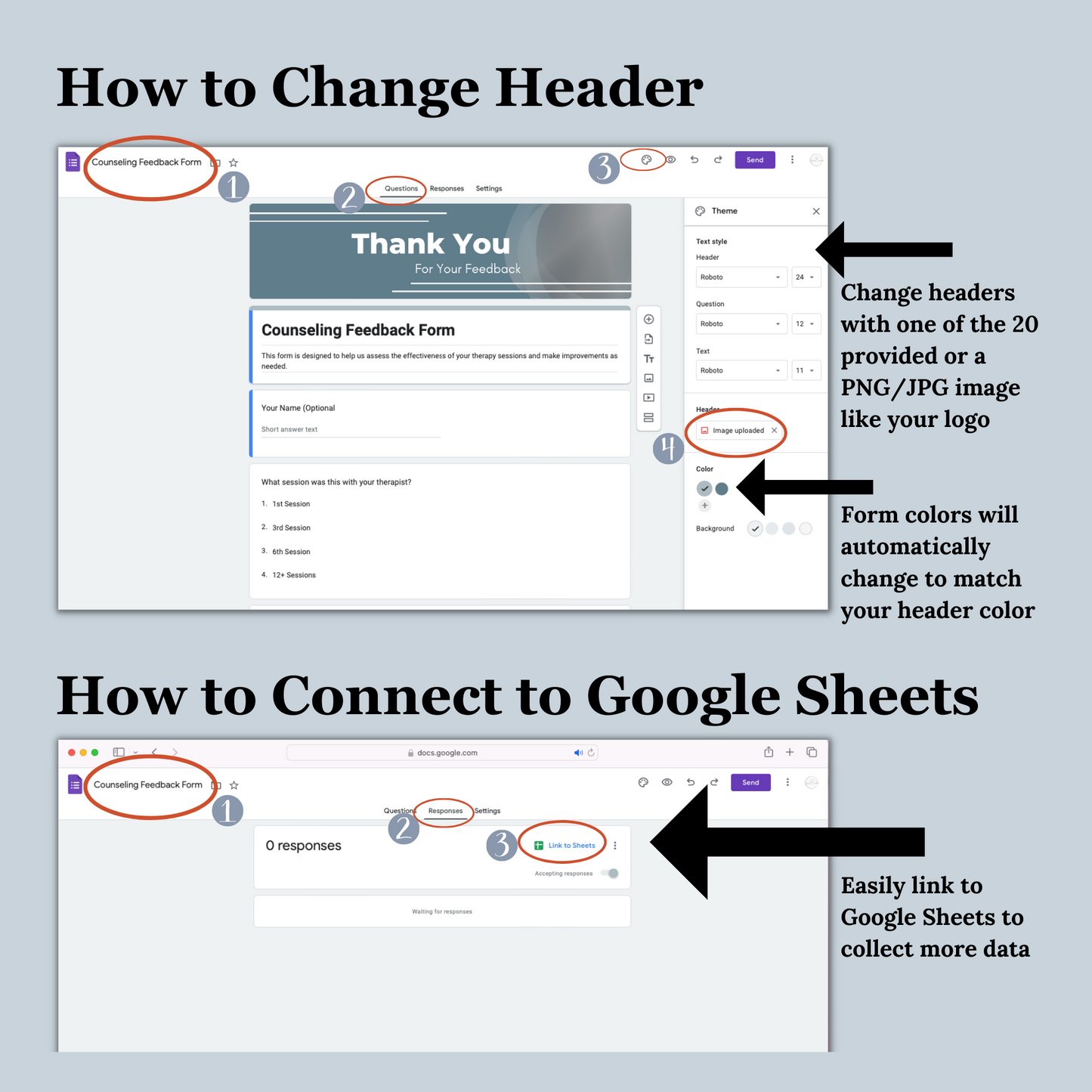 Counseling feedback forms in google forms documents.  Online questionnaire.  Fully Editable.  2 forms with 20 PNG headers that say Thank You For Your Feedback.  Use on computers, tablets and phones.