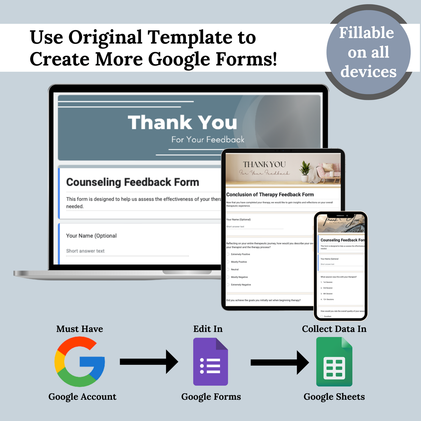 Counseling feedback forms in google forms documents.  Online questionnaire.  Fully Editable.  2 forms with 20 PNG headers that say Thank You For Your Feedback.  Use on computers, tablets and phones.