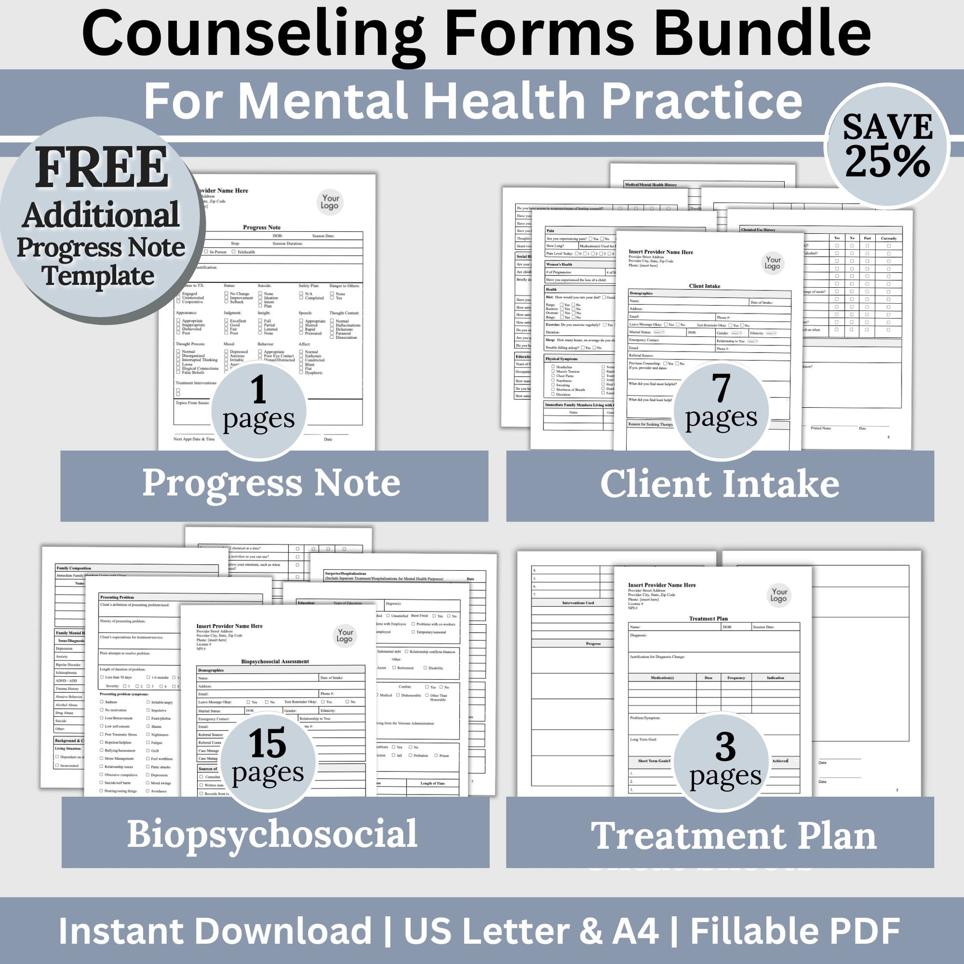 Mental health practice counseling forms bundle. This comprehensive therapy bundle includes fillable PDF client intake form, progress notes, treatment plan, and biopsychosocial designed to streamline your documentation process.