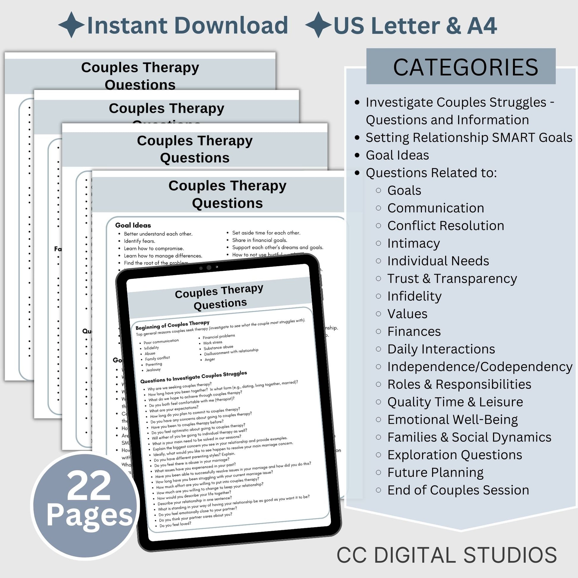 450 thoughtfully crafted conversation starters and therapy questions. Perfect for couples counseling this resource is designed to elevate communication and understanding in your counseling office.