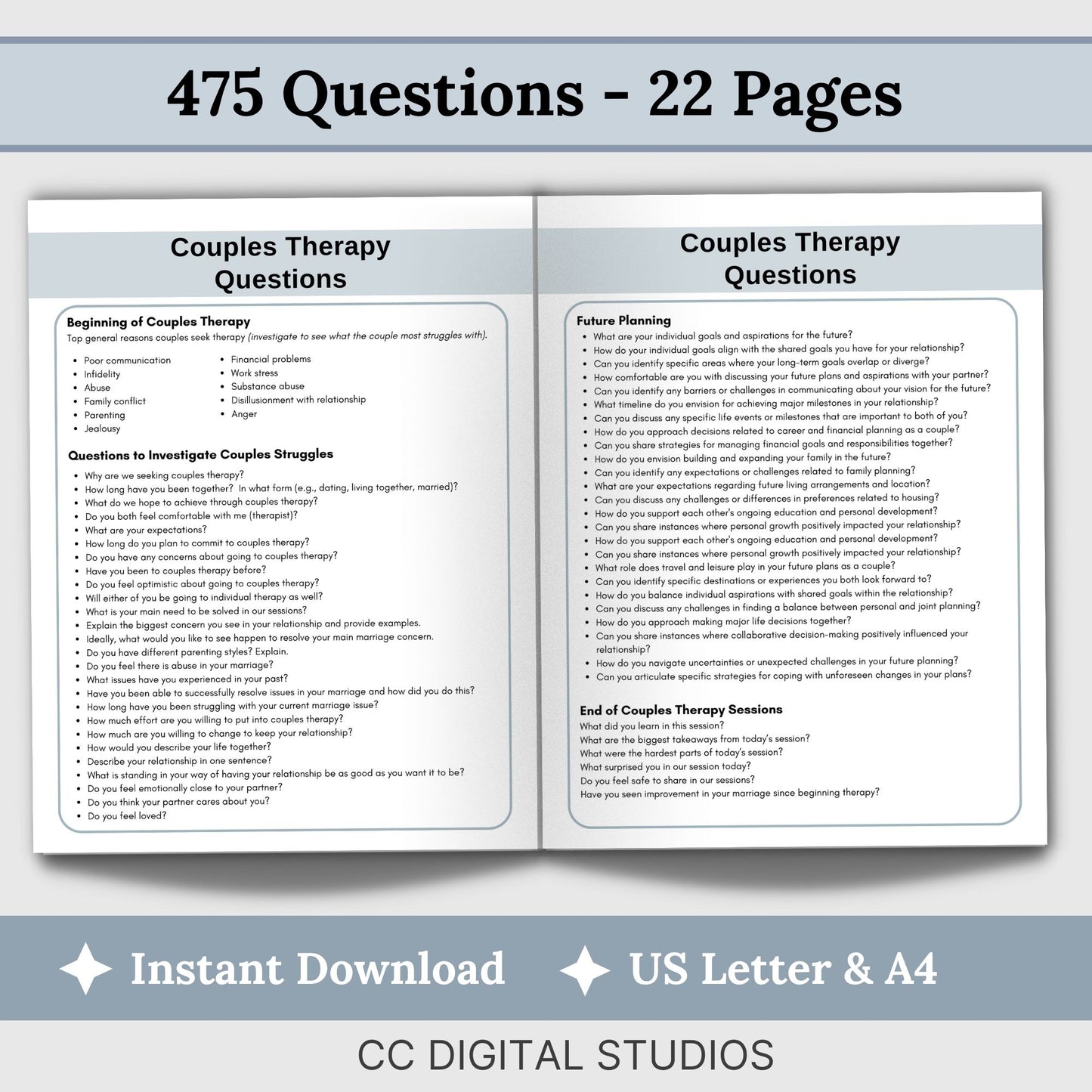 450 thoughtfully crafted conversation starters and therapy questions. Perfect for couples counseling this resource is designed to elevate communication and understanding in your counseling office.