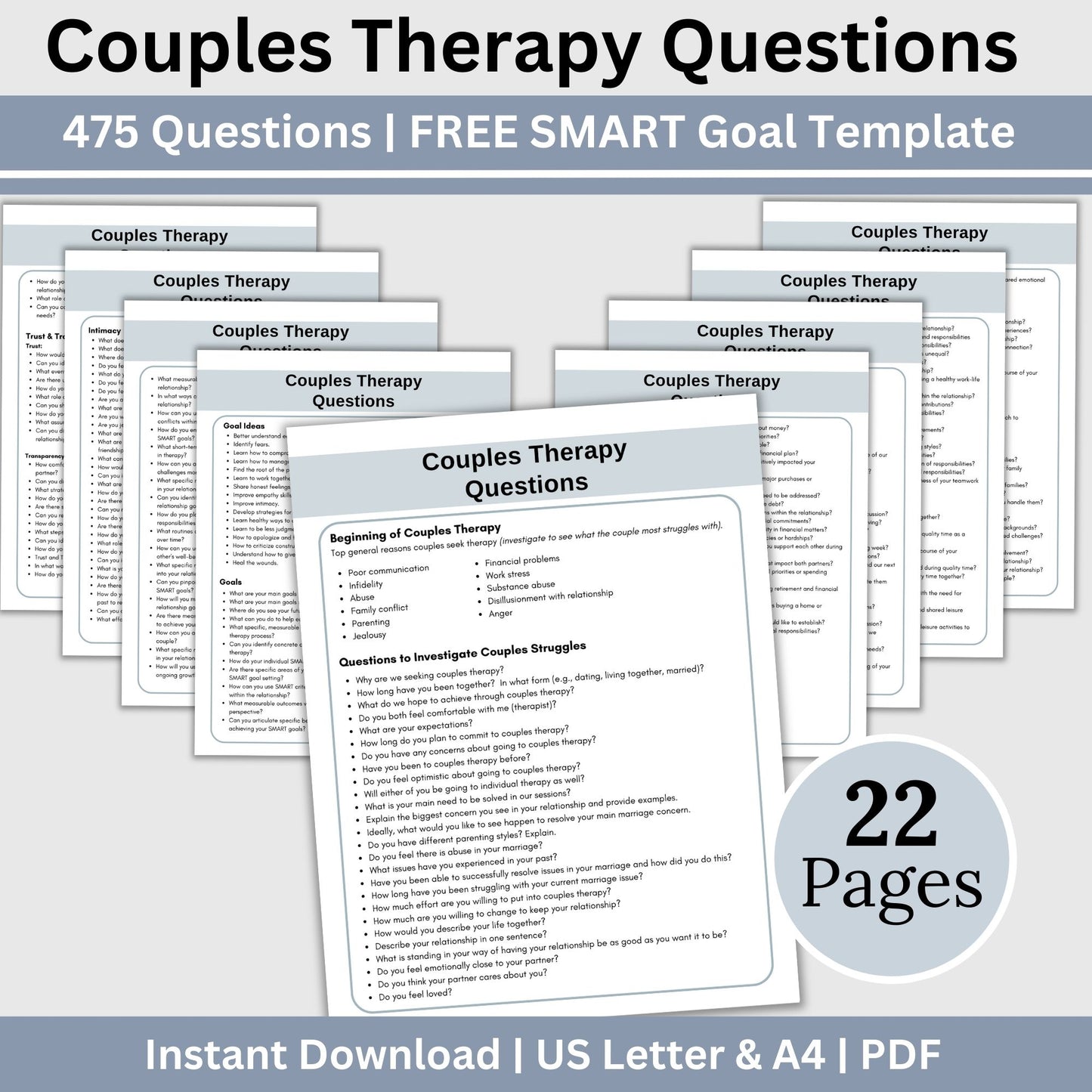 450 thoughtfully crafted conversation starters and therapy questions. Perfect for couples counseling this resource is designed to elevate communication and understanding in your counseling office.