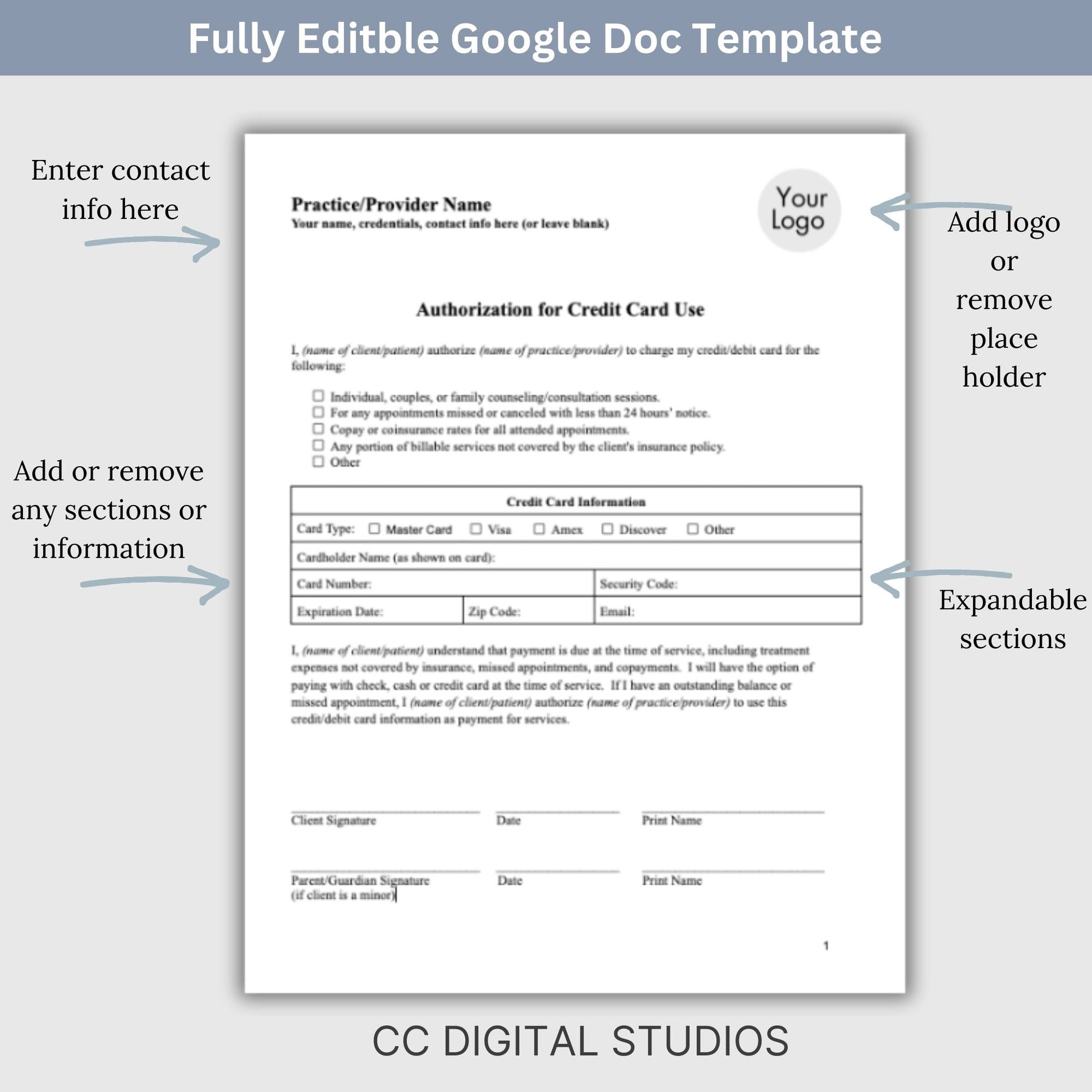 Streamline your client onboarding process with our Authorization for Credit Card Use, fully editable Google Doc for mental health professionals.  Easily customize the template to fit your therapists office