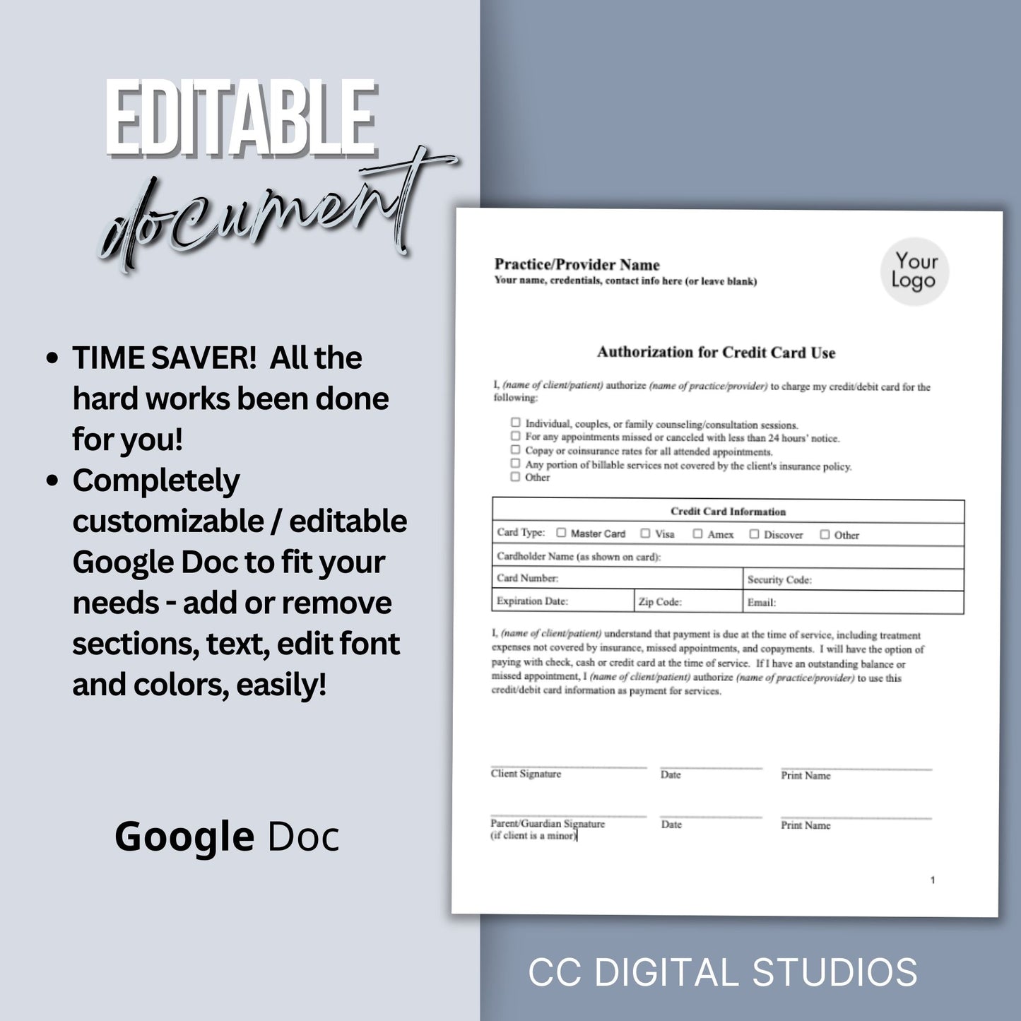 Streamline your client onboarding process with our Authorization for Credit Card Use, fully editable Google Doc for mental health professionals.  Easily customize the template to fit your therapists office