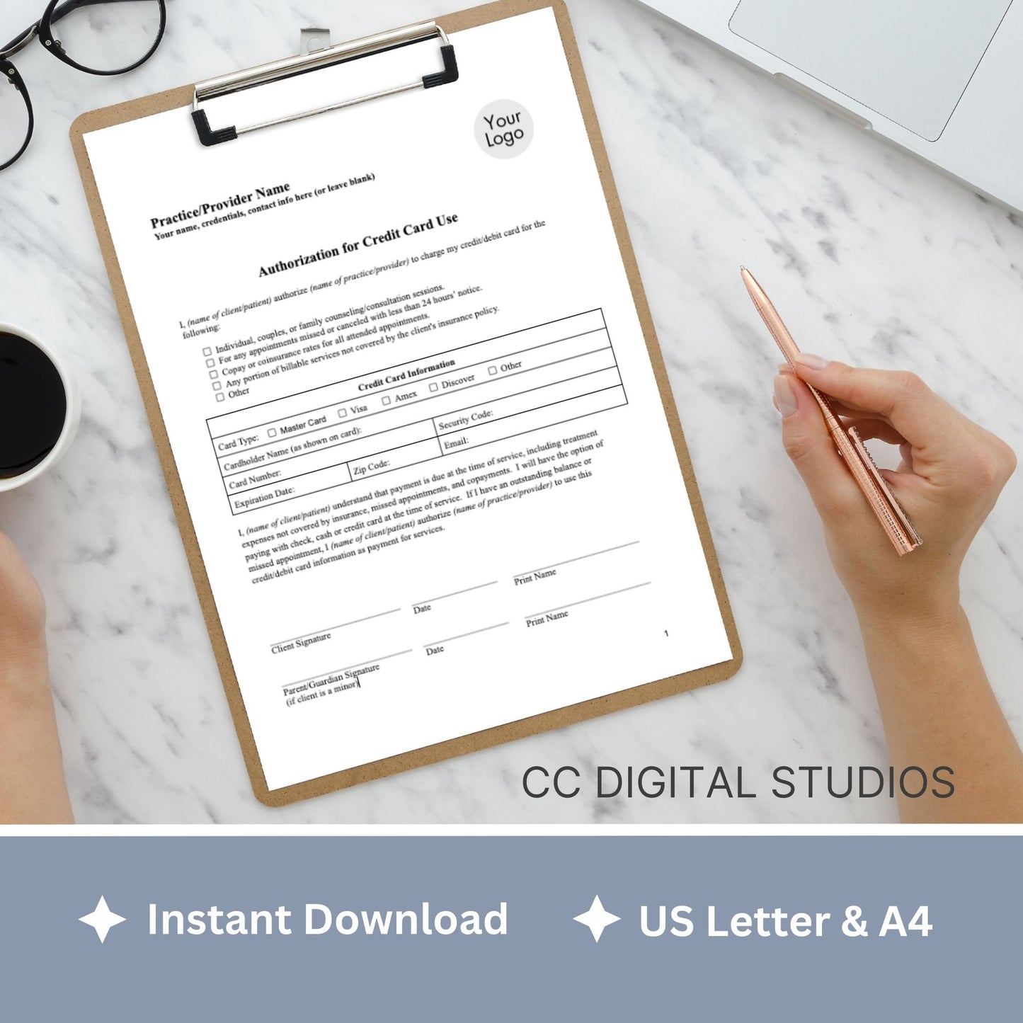 Streamline your client onboarding process with our Authorization for Credit Card Use, fully editable Google Doc for mental health professionals.  Easily customize the template to fit your therapists office