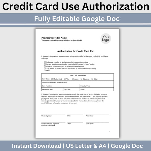Autharization Card Example Credit Card Authorization Template: Editable Google Doc for Mental Hea ...