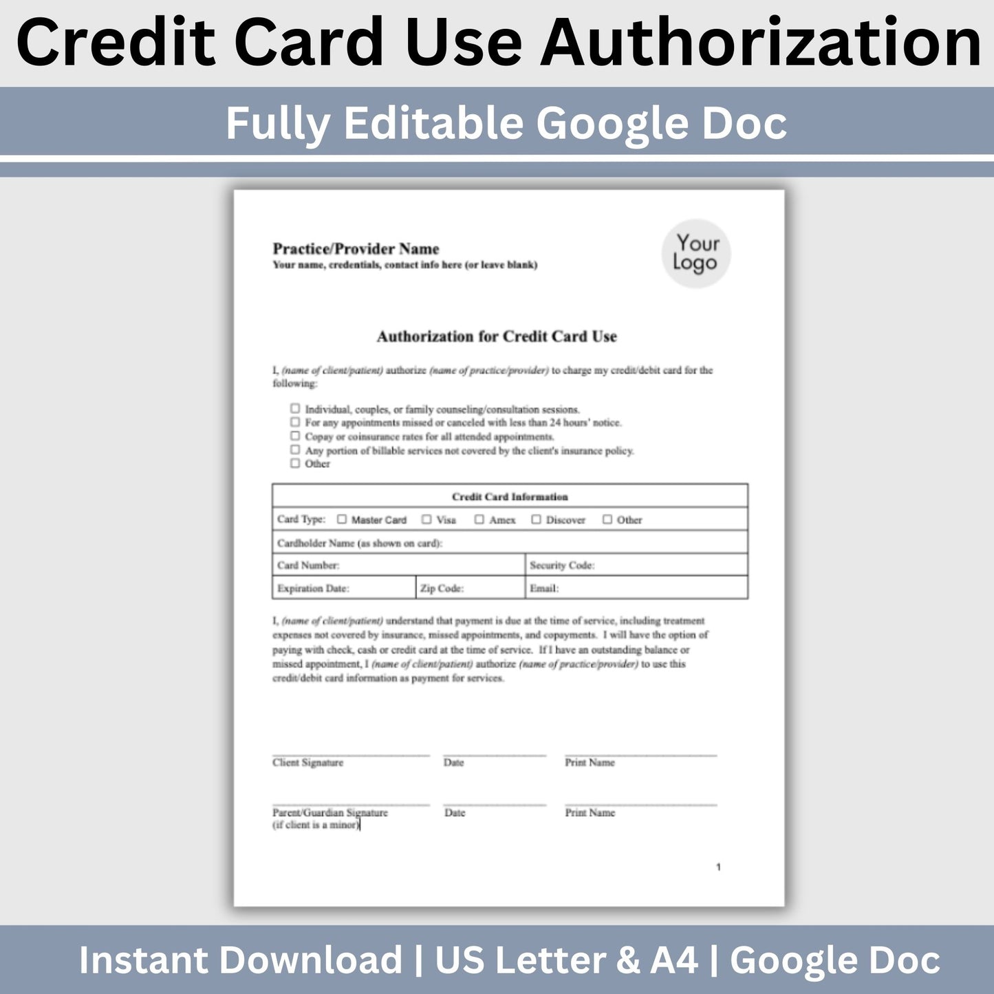 Streamline your client onboarding process with our Authorization for Credit Card Use, fully editable Google Doc for mental health professionals.  Easily customize the template to fit your therapists office