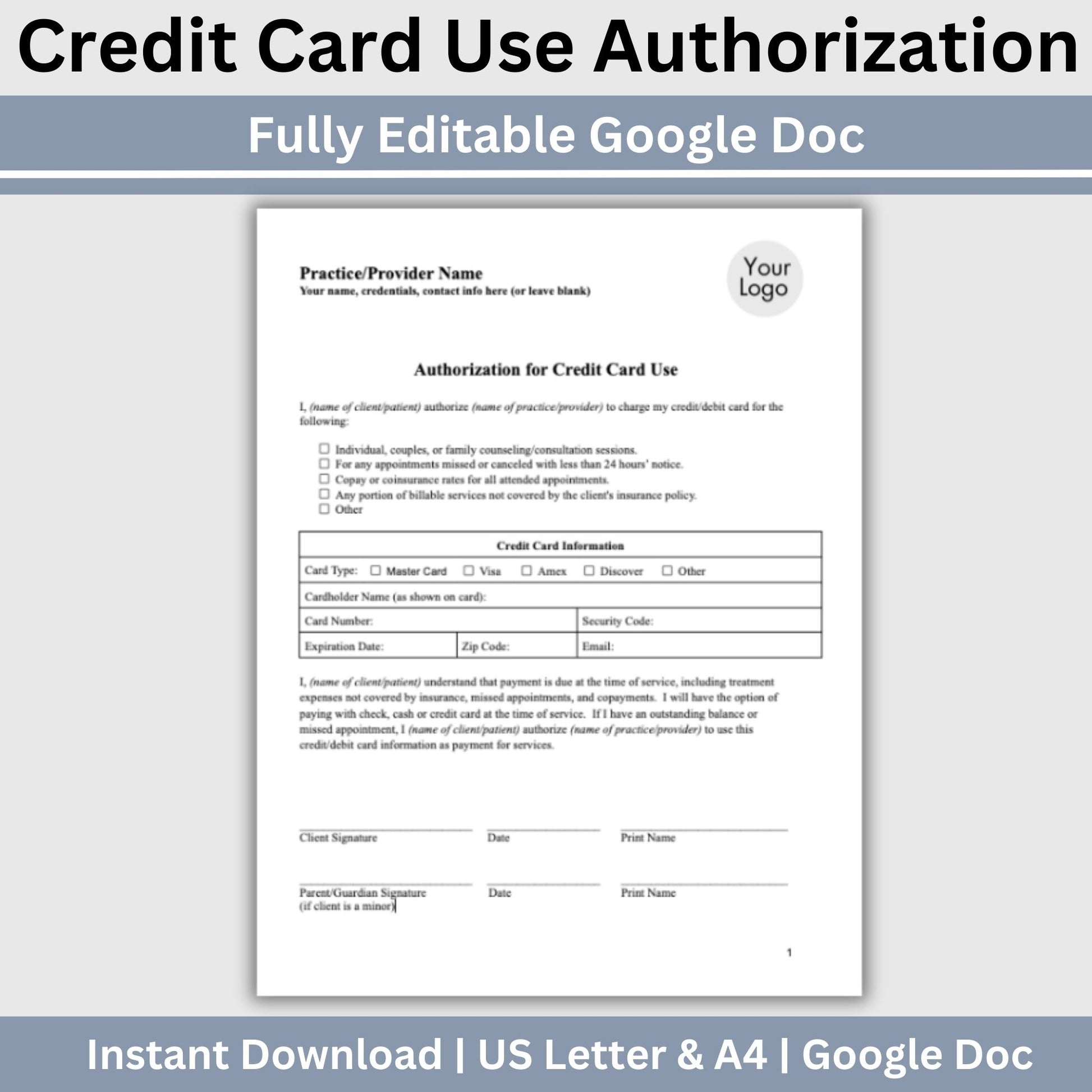Streamline your client onboarding process with our Authorization for Credit Card Use, fully editable Google Doc for mental health professionals.  Easily customize the template to fit your therapists office