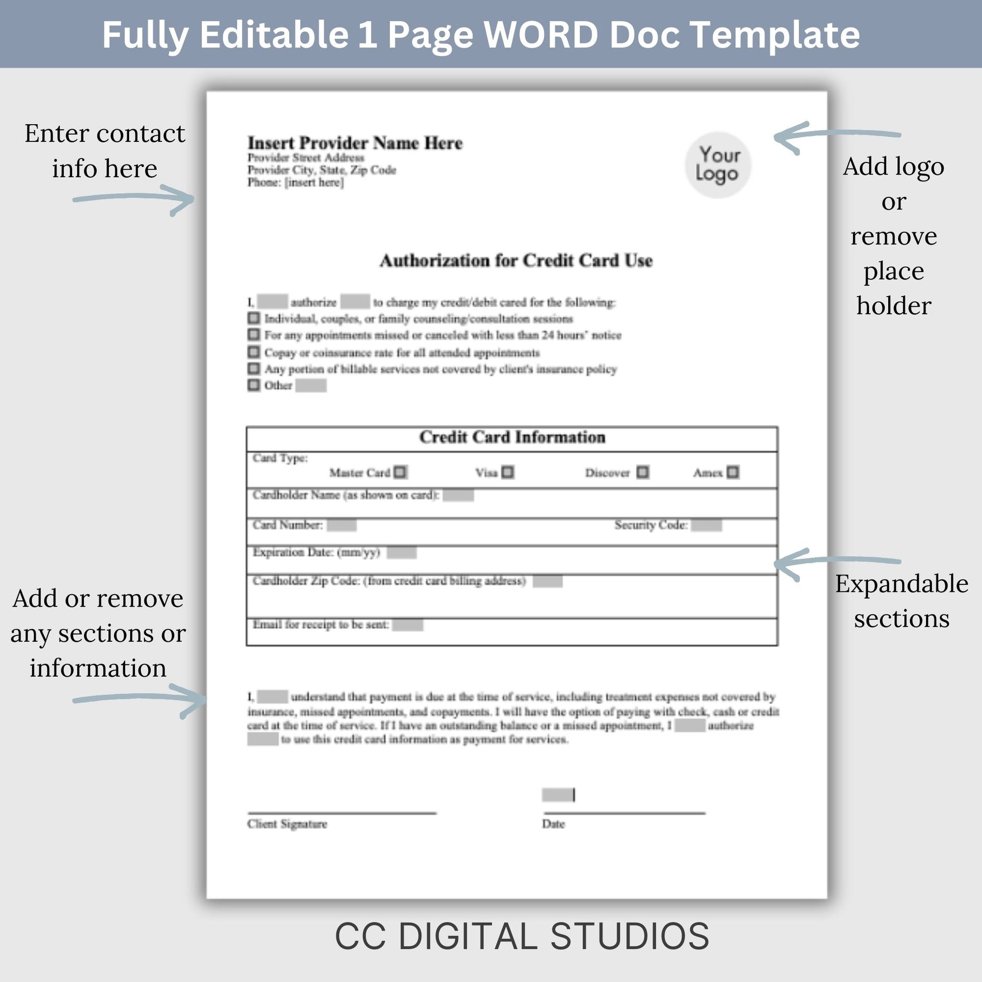 Streamline your client onboarding process with our Authorization for Credit Card Use, fully editable WORD Doc for mental health professionals.  Easily customize the template to fit your therapists office