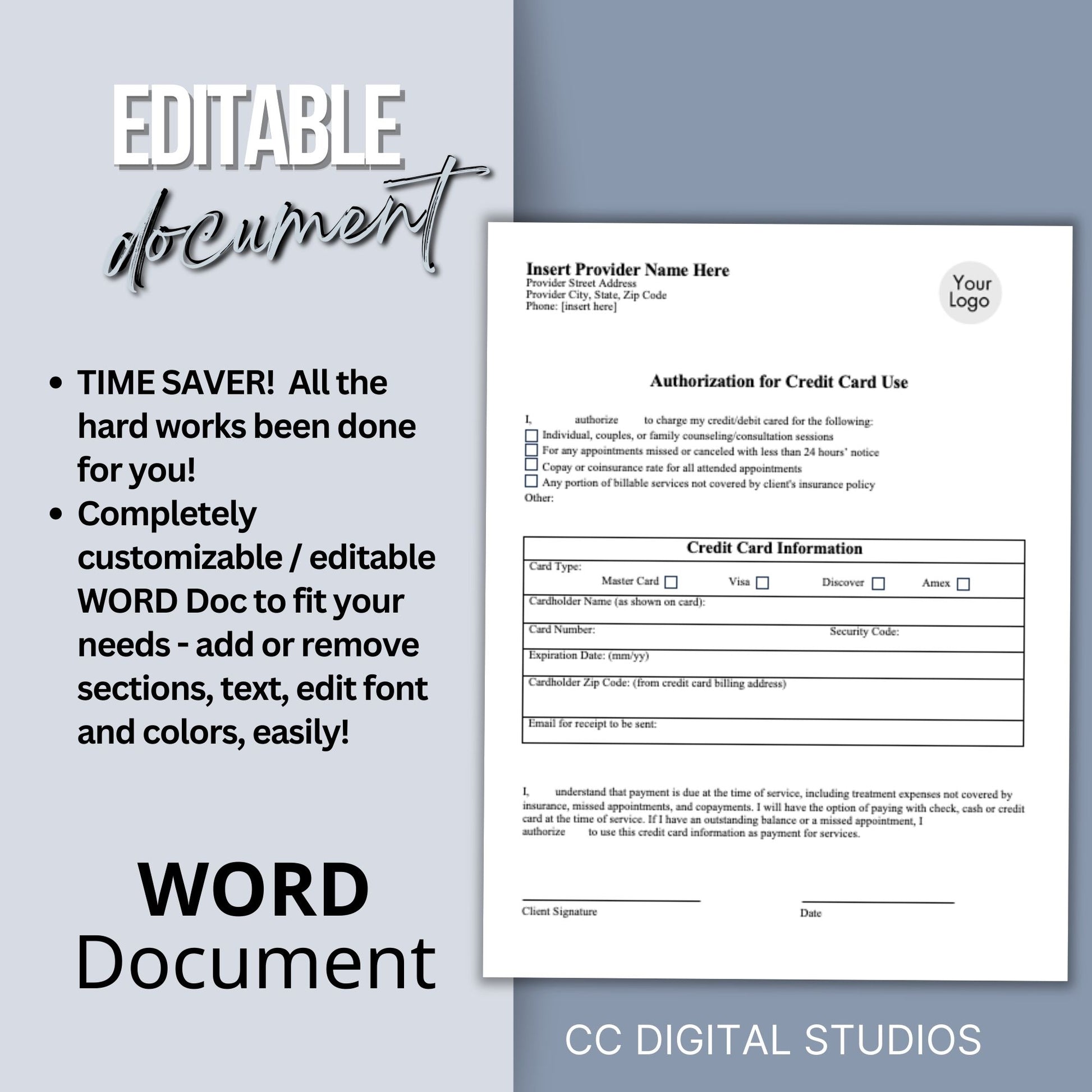 Streamline your client onboarding process with our Authorization for Credit Card Use, fully editable WORD Doc for mental health professionals.  Easily customize the template to fit your therapists office