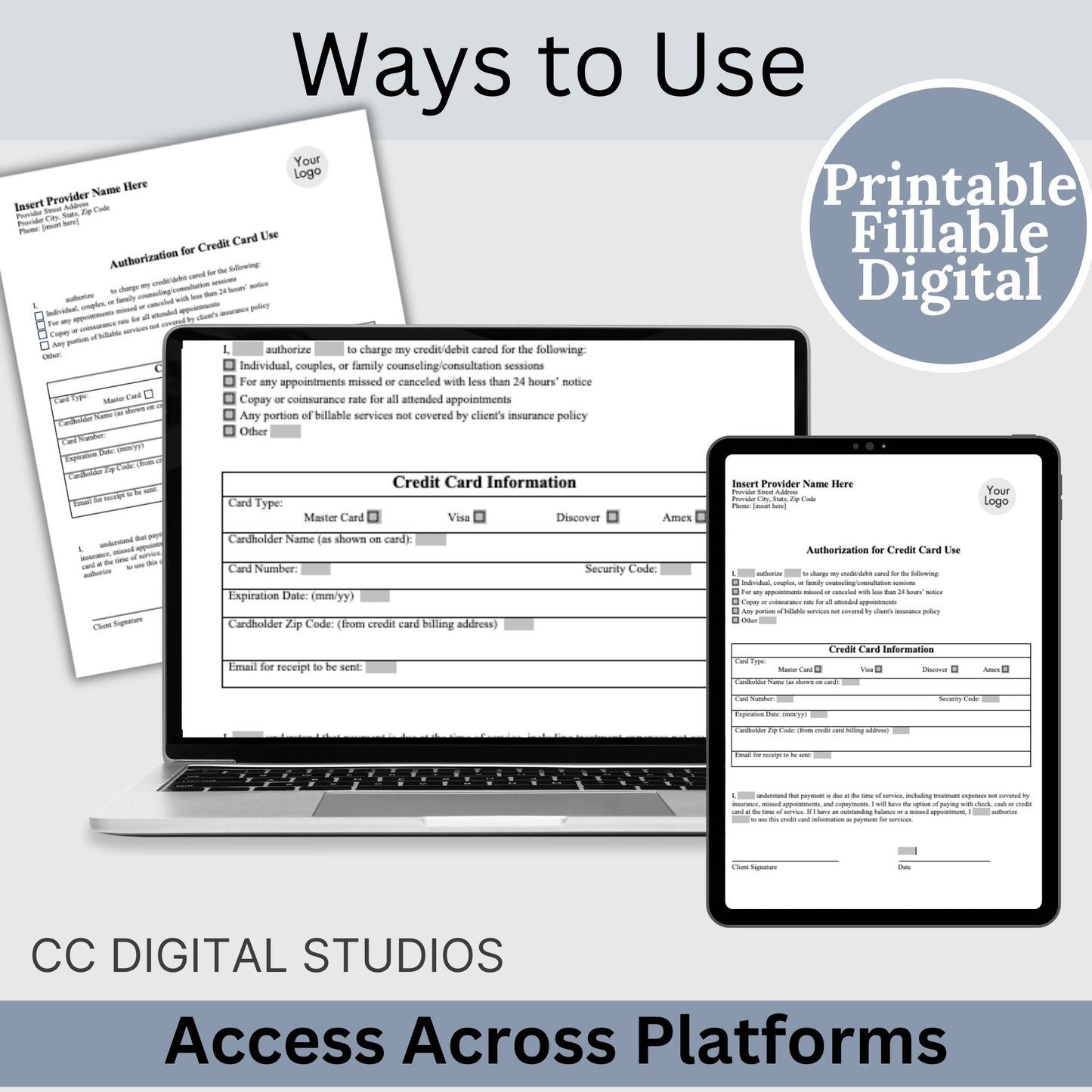 Streamline your client onboarding process with our Authorization for Credit Card Use, fully editable WORD Doc for mental health professionals.  Easily customize the template to fit your therapists office